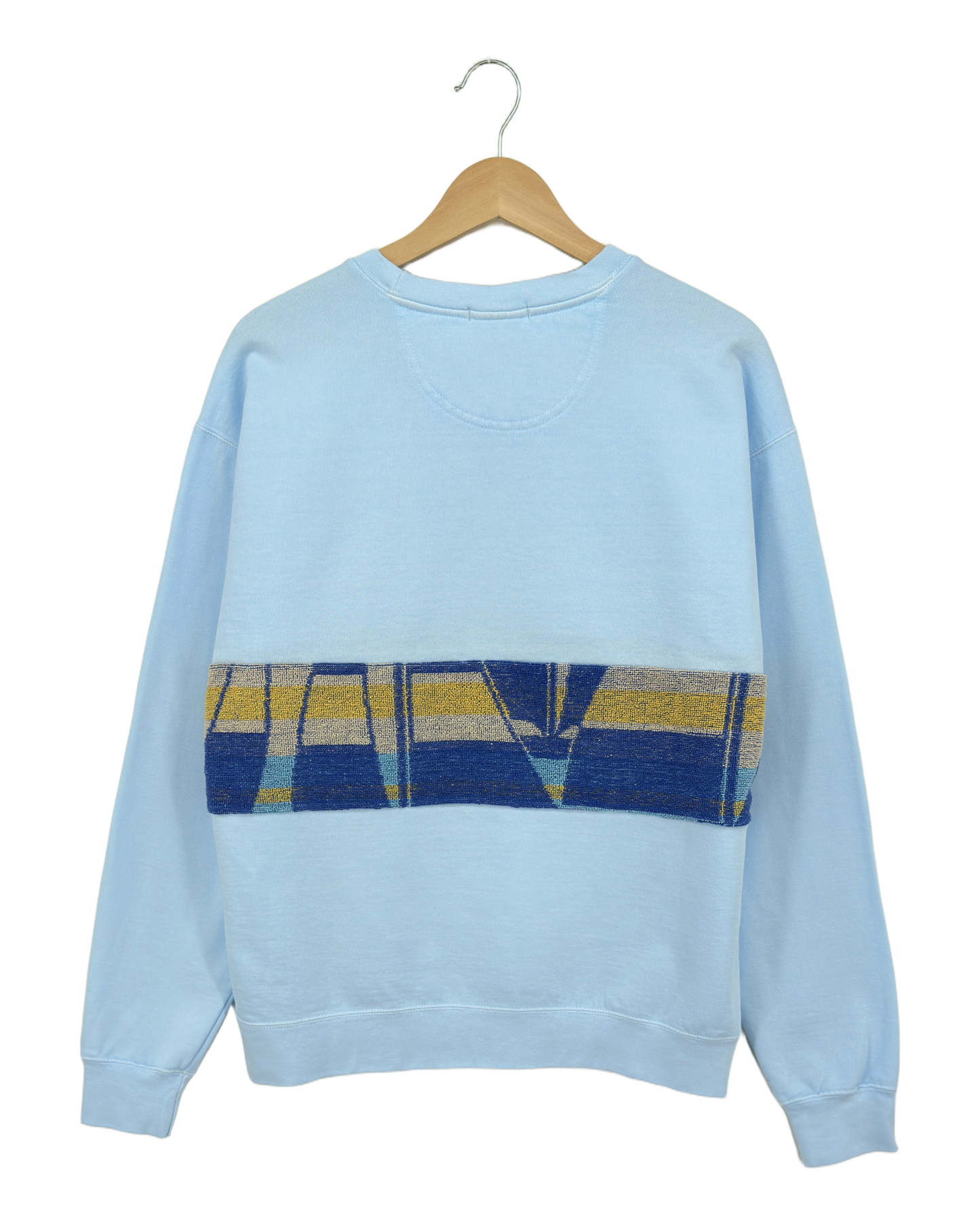 Large Aqua Sunset Chaser "Sailboat Sundown" — one-of-a-kind upcycled vintage beach towel sweatshirt, handmade by Kspek, view 5