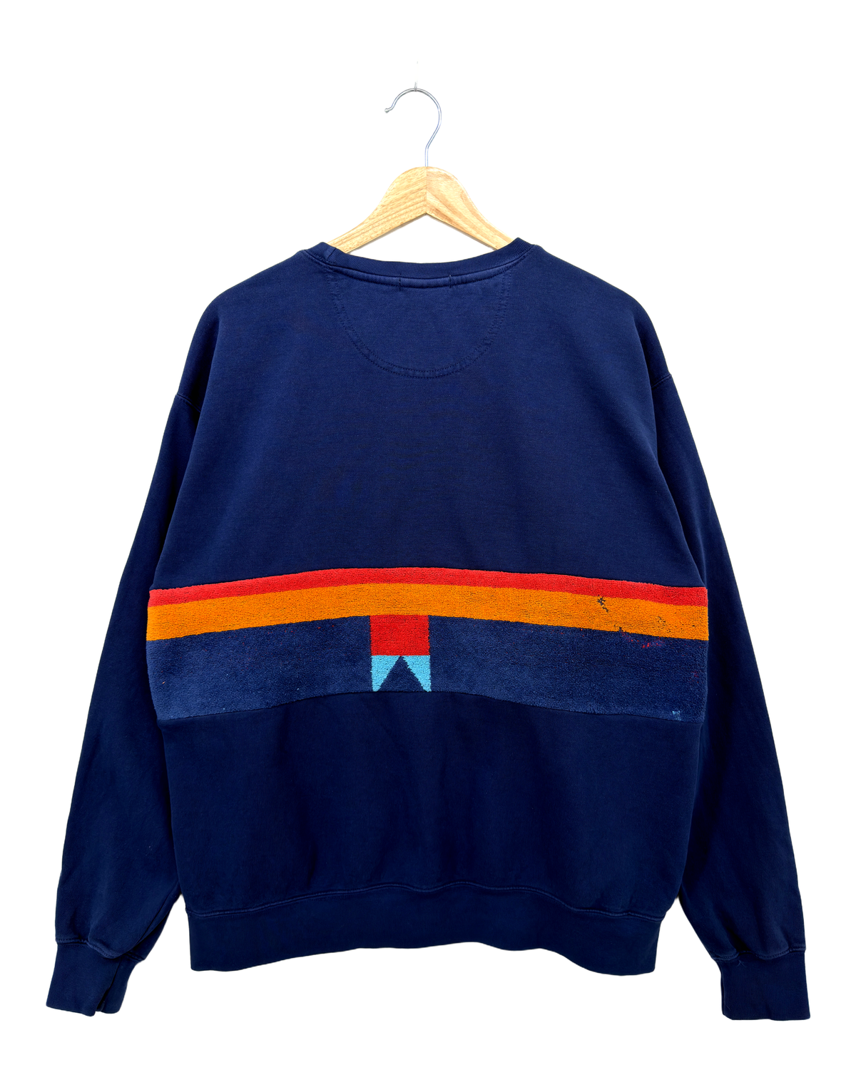 Large Navy Sunset Chaser "Geometric Sunrise" — one-of-a-kind upcycled vintage beach towel sweatshirt, handmade by Kspek, view 5