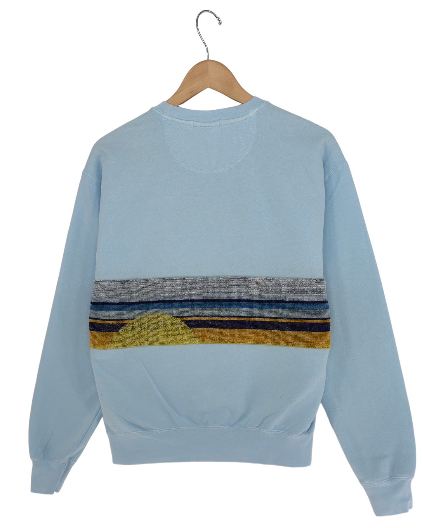Medium Aqua Sunset Chaser "Surf Town" — one-of-a-kind upcycled vintage beach towel sweatshirt, handmade by Kspek, view 4