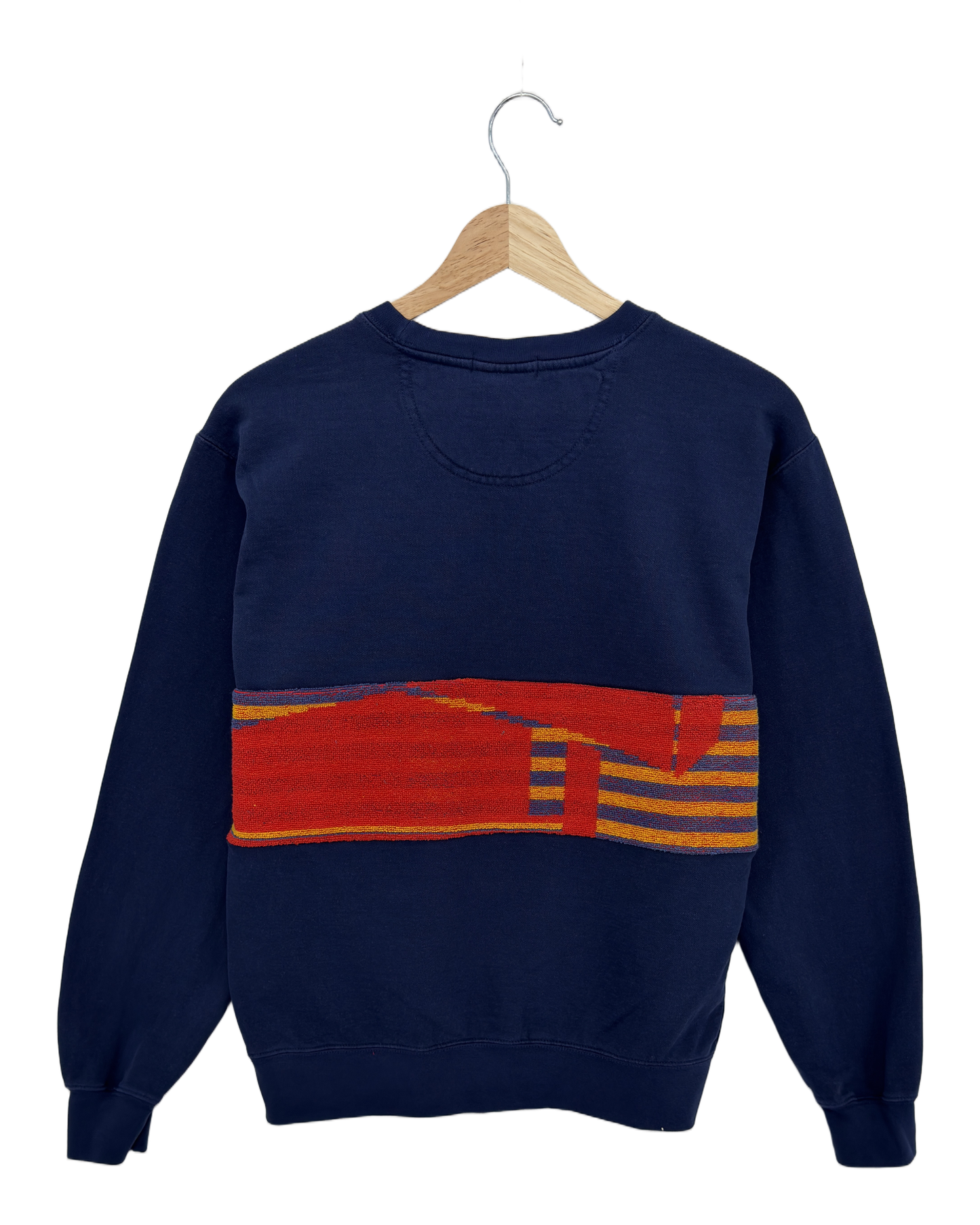 Small Navy Sunset Chaser "Sunrise Vibes" — one-of-a-kind upcycled vintage beach towel sweatshirt, handmade by Kspek, view 4