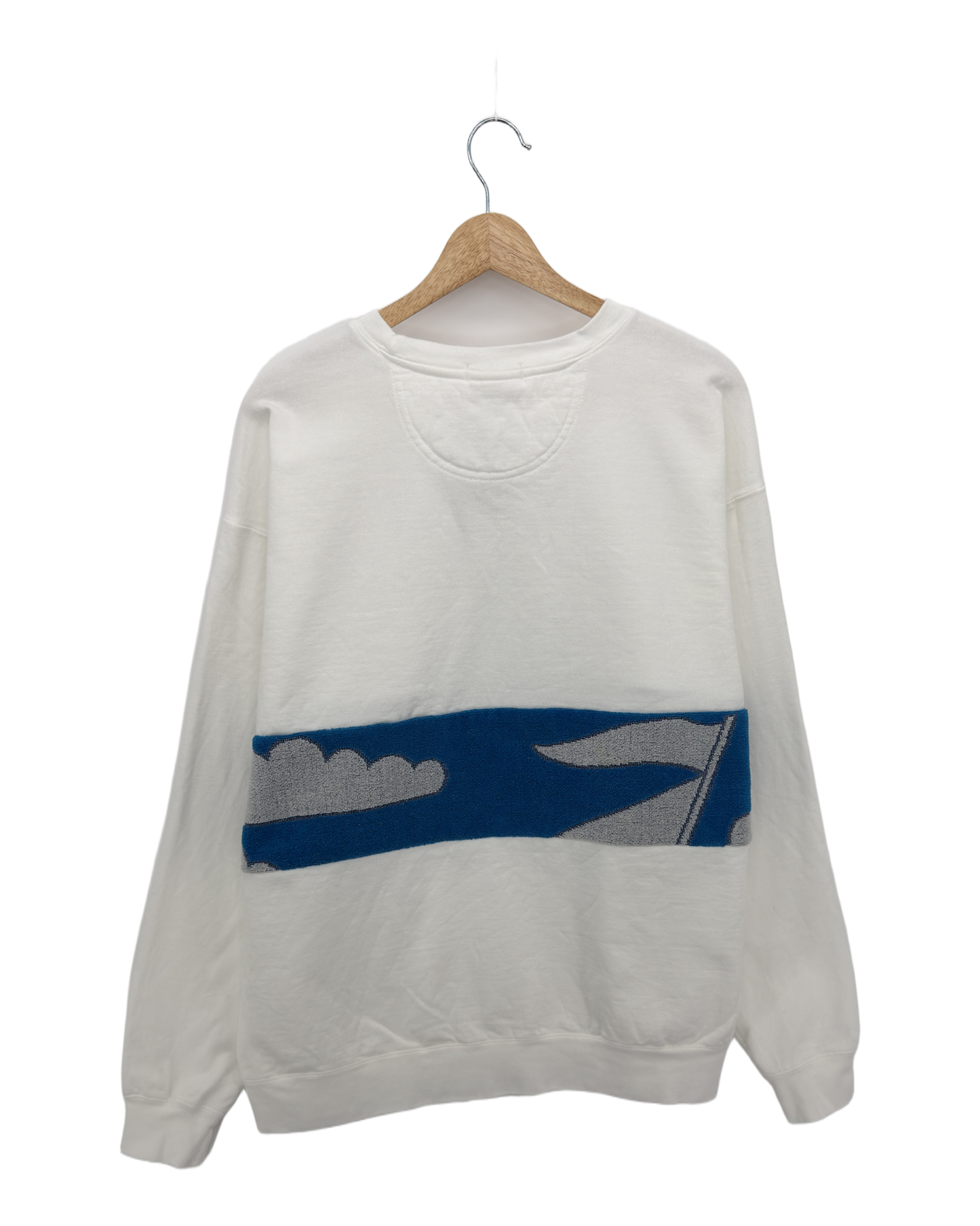 Large White Sunset Chaser "Coastal Horizon" — one-of-a-kind upcycled vintage beach towel sweatshirt, handmade by Kspek, view 4