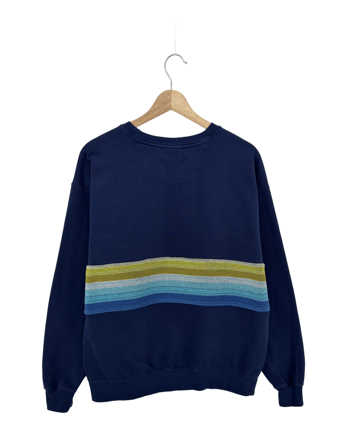 Large Navy Sunset Chaser "Retro Horizon" — one-of-a-kind upcycled vintage beach towel sweatshirt, handmade by Kspek, view 4