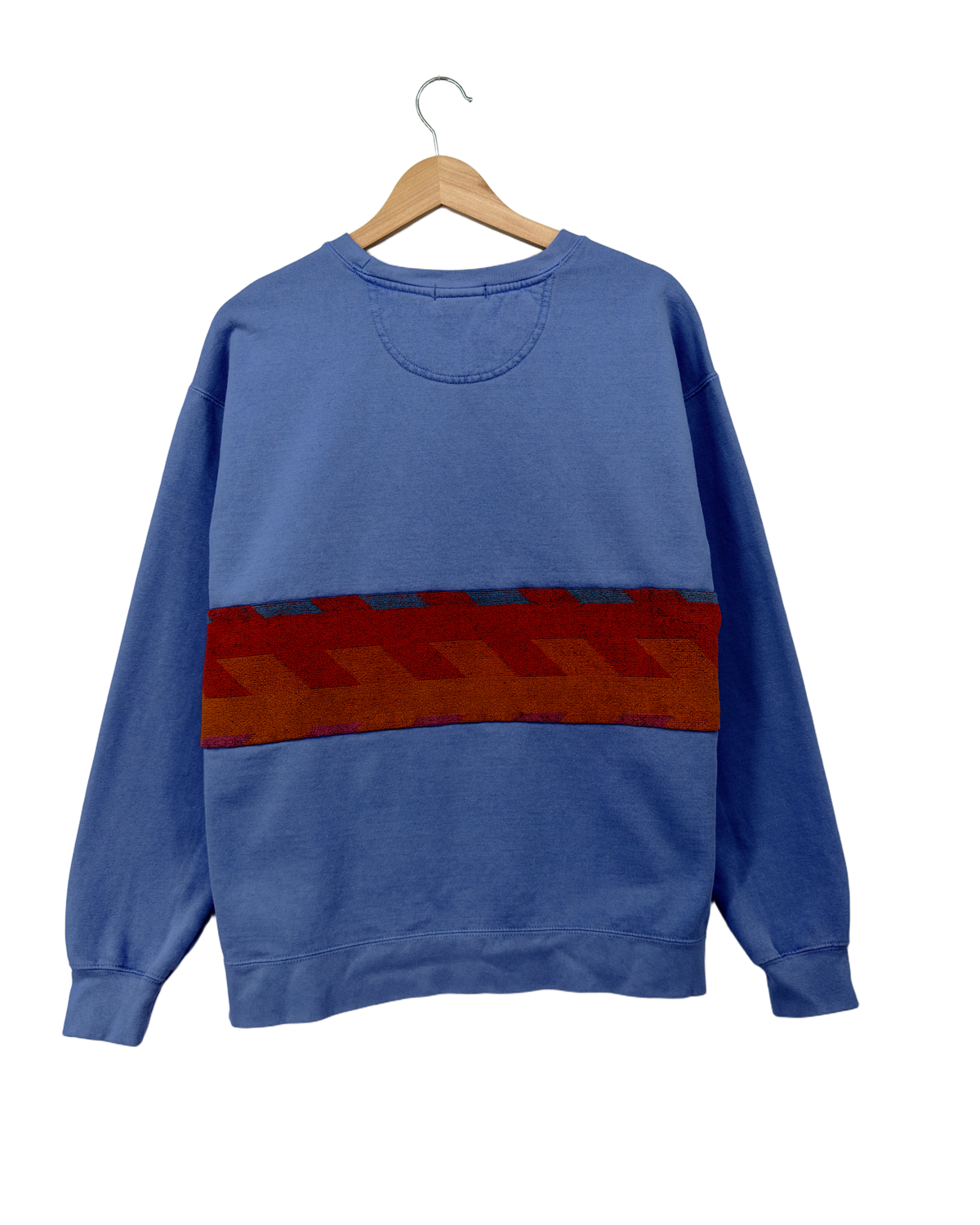 Large Dusty Blue Sunset Chaser "Zigzag Solstice" — one-of-a-kind upcycled vintage beach towel sweatshirt, handmade by Kspek, view 5