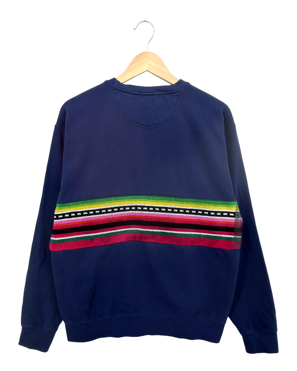 Medium Navy Sunset Chaser "Rainbow Horizon" — one-of-a-kind upcycled vintage beach towel sweatshirt, handmade by Kspek, view 5