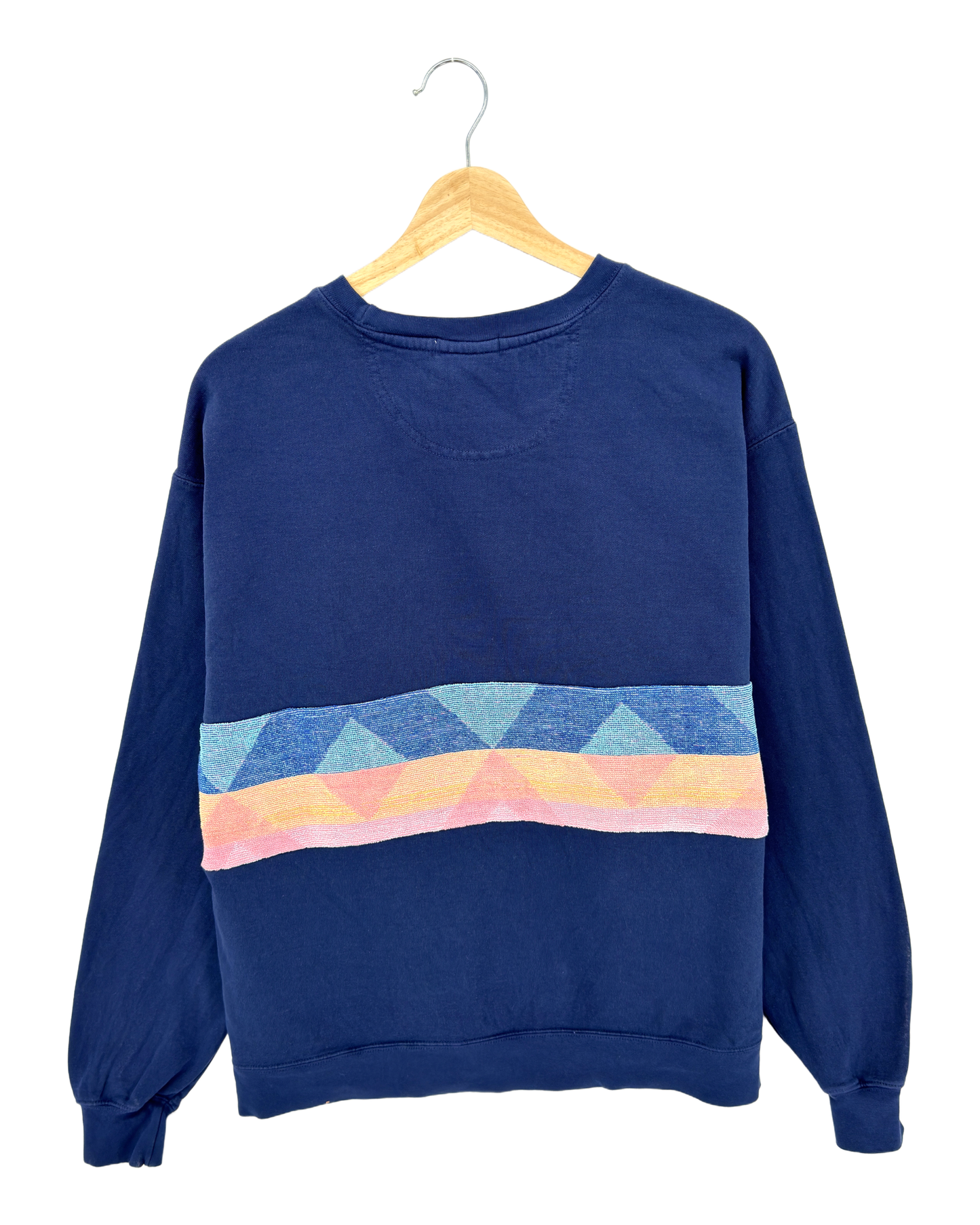 Large Navy Sunset Chaser "Horizon Bliss" — one-of-a-kind upcycled vintage beach towel sweatshirt, handmade by Kspek, view 4
