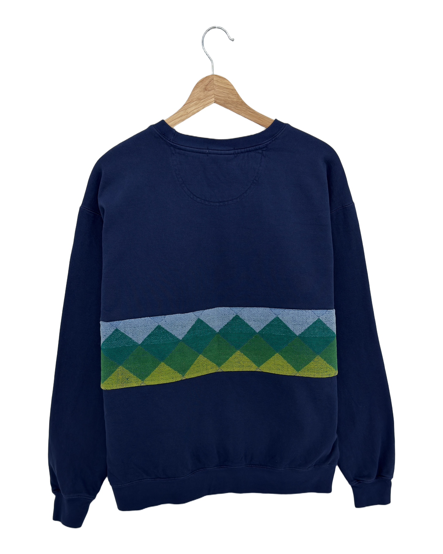 Large Navy Sunset Chaser "Golden Horizon" — one-of-a-kind upcycled vintage beach towel sweatshirt, handmade by Kspek, view 4