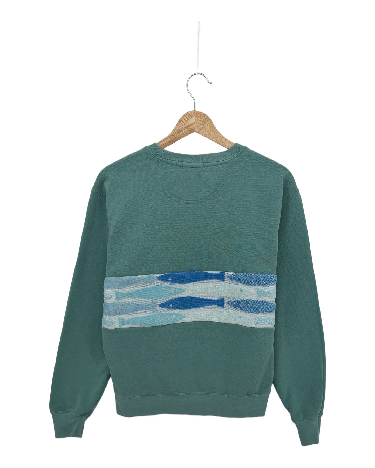Small Light Jade Sunset Chaser "Coastal Harmony" — one-of-a-kind upcycled vintage beach towel sweatshirt, handmade by Kspek, view 4