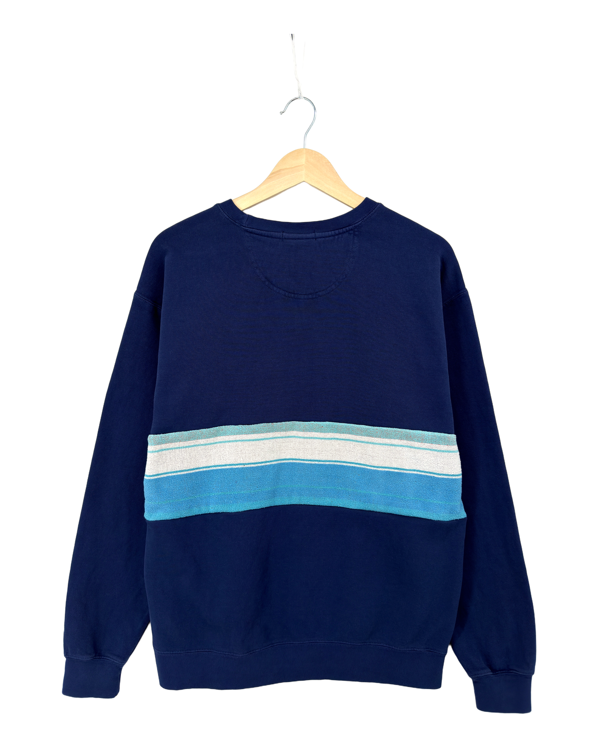 Large Navy Sunset Chaser "Striped Ocean Crest" — one-of-a-kind upcycled vintage beach towel sweatshirt, handmade by Kspek, view 5