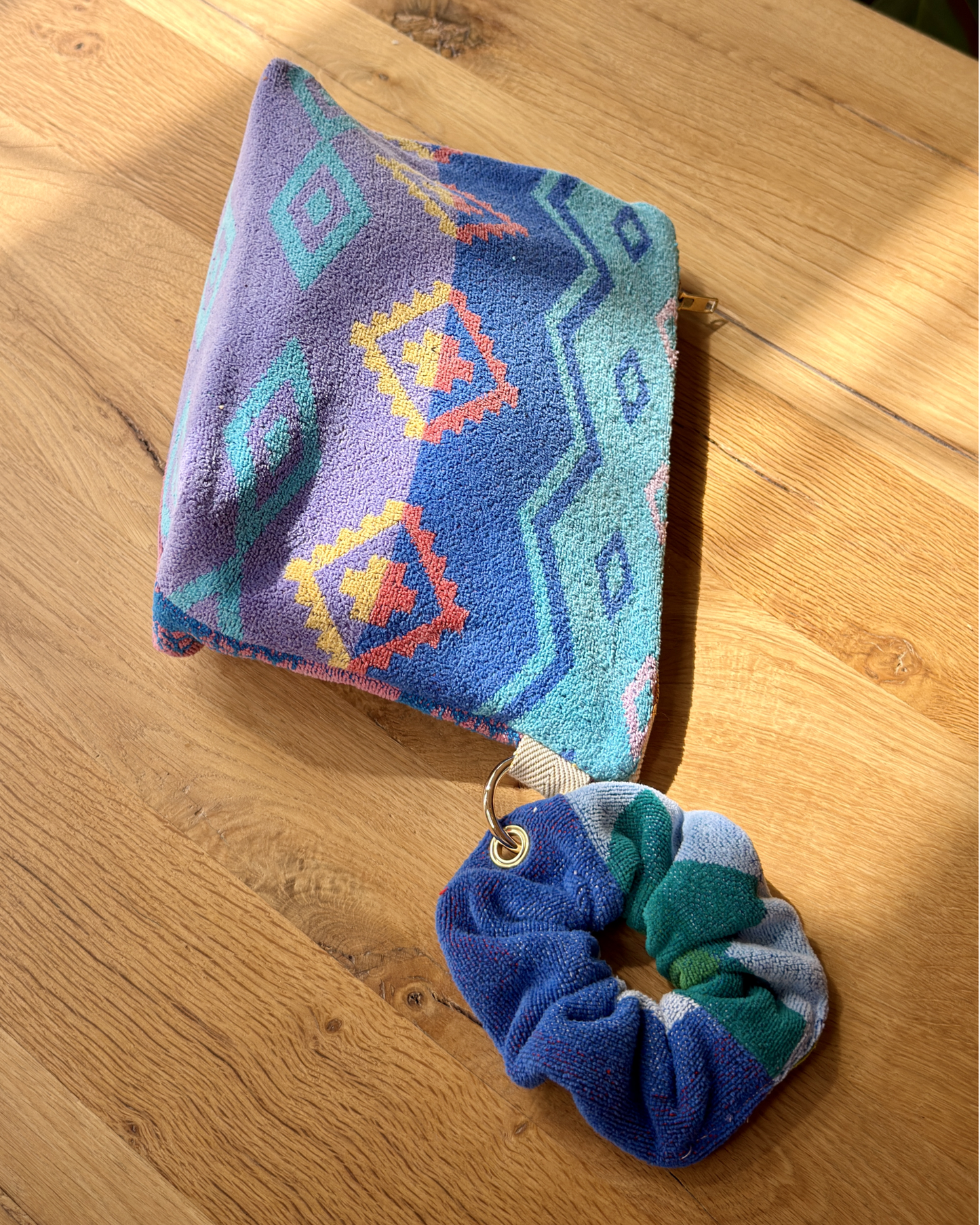 Repurposed Towel Beach Clutch “Sunset Waves” — handmade by Kspek from upcycled vintage textiles, view 4