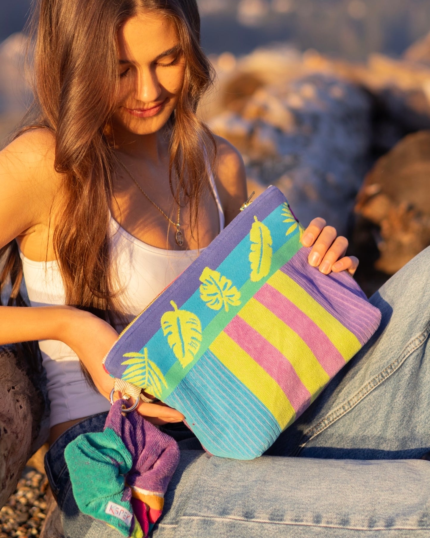 Repurposed Towel Beach Clutch "Perfect Moment" — handmade by Kspek from upcycled vintage textiles