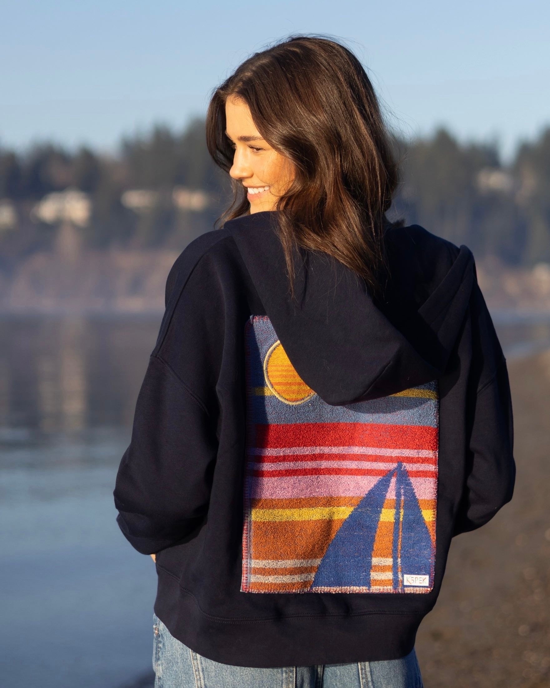 Small Navy Making a Scene Zip Up Hoodie 9 — one-of-a-kind upcycled vintage beach towel piece, handmade by Kspek
