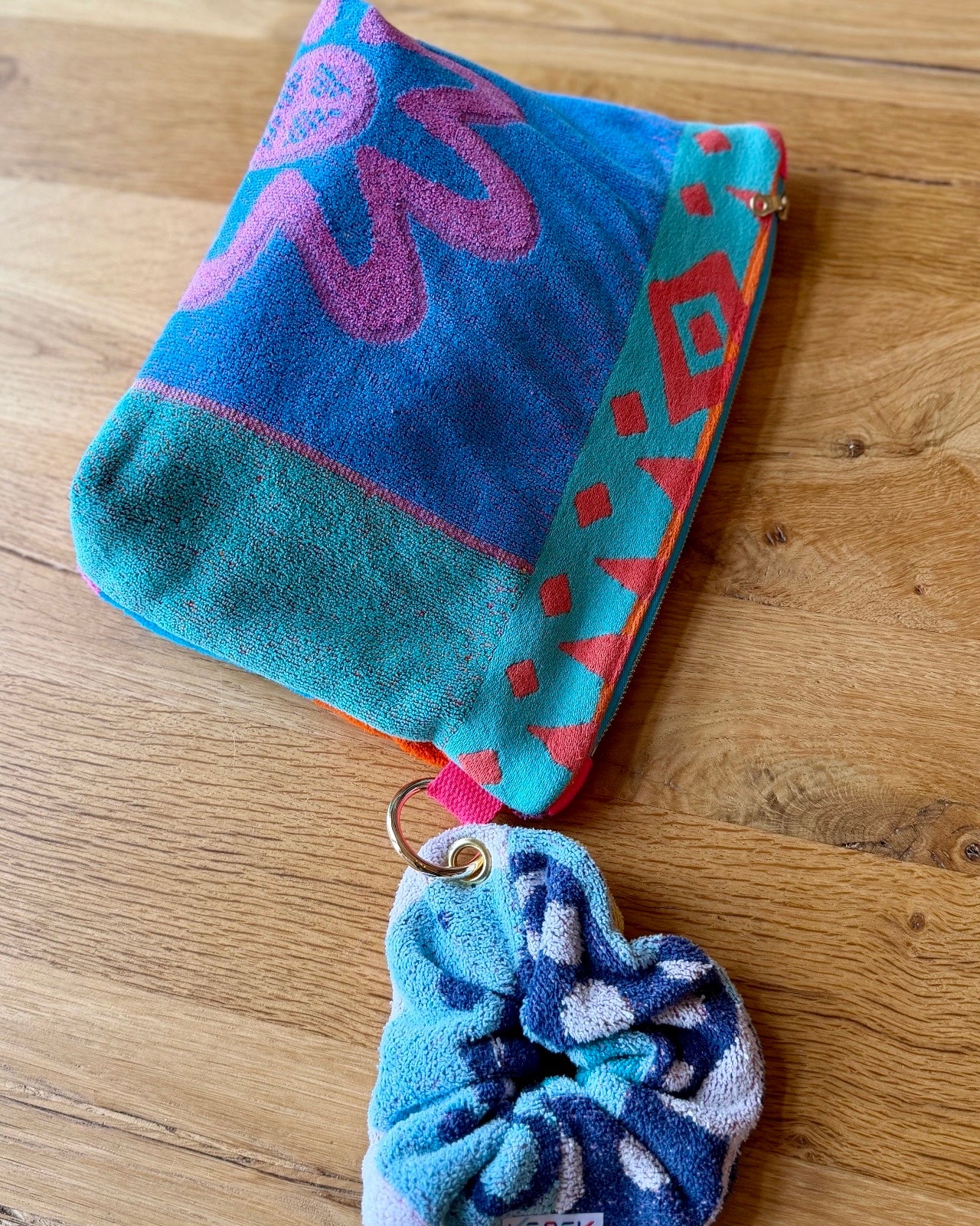 Repurposed Towel Beach Clutch "Neon Waves"