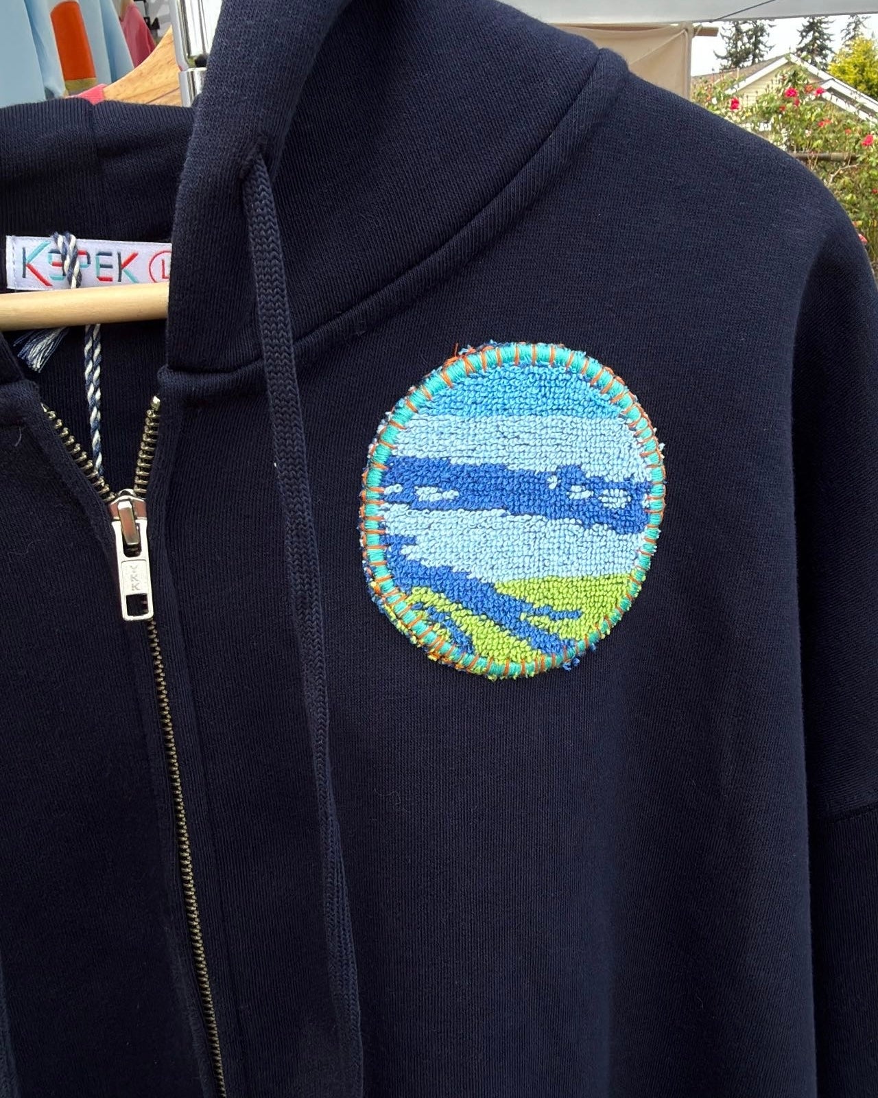 Large Navy Making a Scene "Soaring" Zip Up Hoodie — one-of-a-kind upcycled vintage beach towel piece, handmade by Kspek, view 3