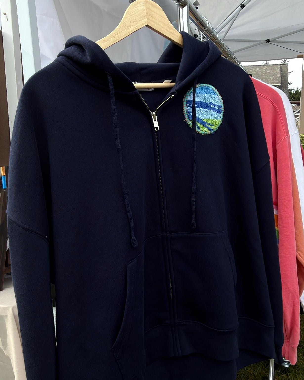 Large Navy Making a Scene "Soaring" Zip Up Hoodie — one-of-a-kind upcycled vintage beach towel piece, handmade by Kspek, view 2