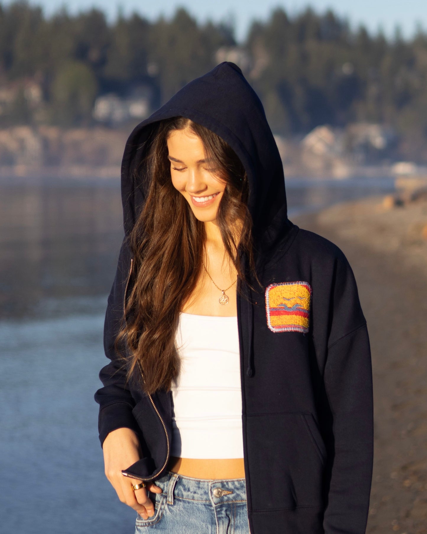 Small Navy Making a Scene Zip Up Hoodie 9 — one-of-a-kind upcycled vintage beach towel piece, handmade by Kspek, view 3