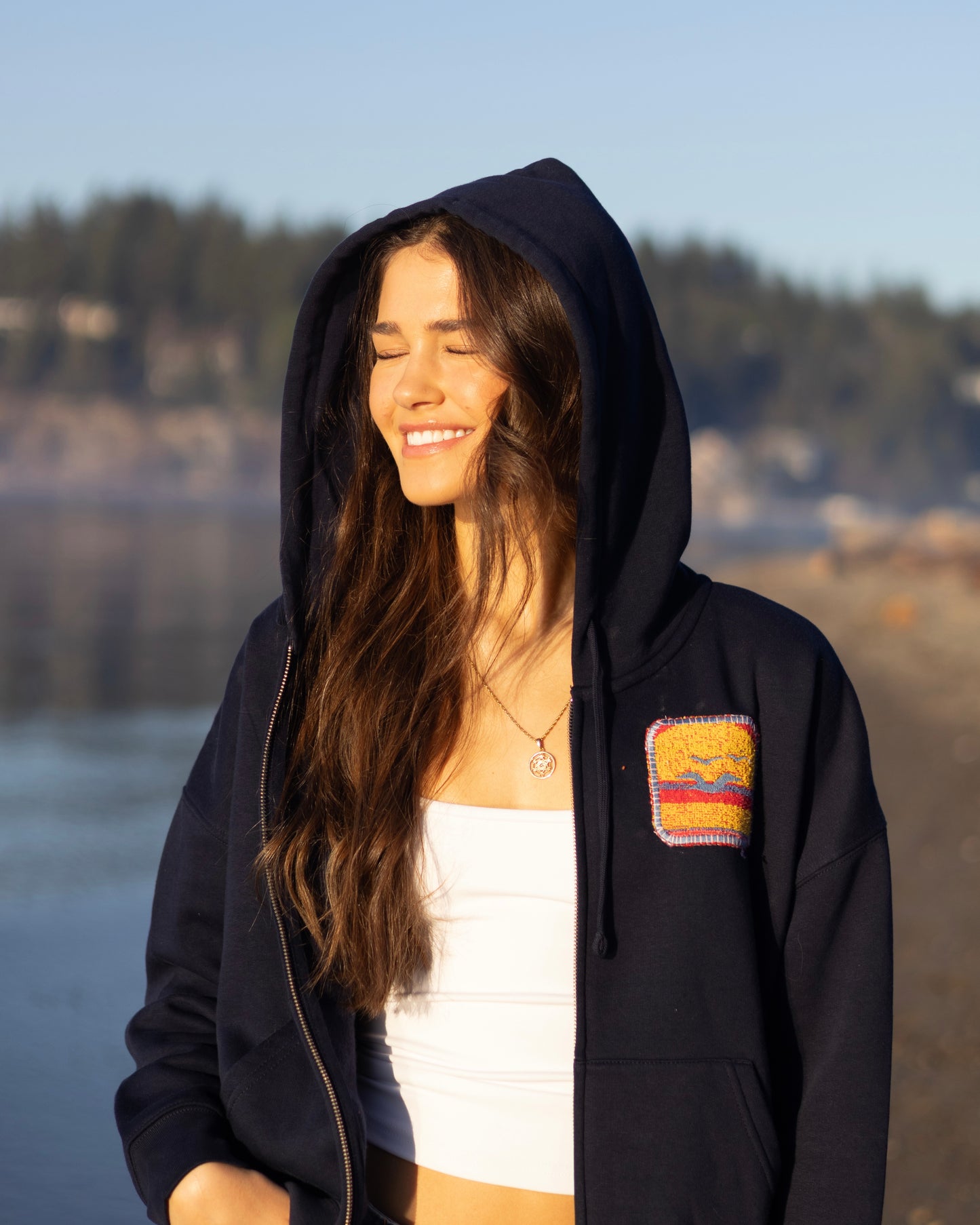 Small Navy Making a Scene Zip Up Hoodie 9 — one-of-a-kind upcycled vintage beach towel piece, handmade by Kspek, view 4