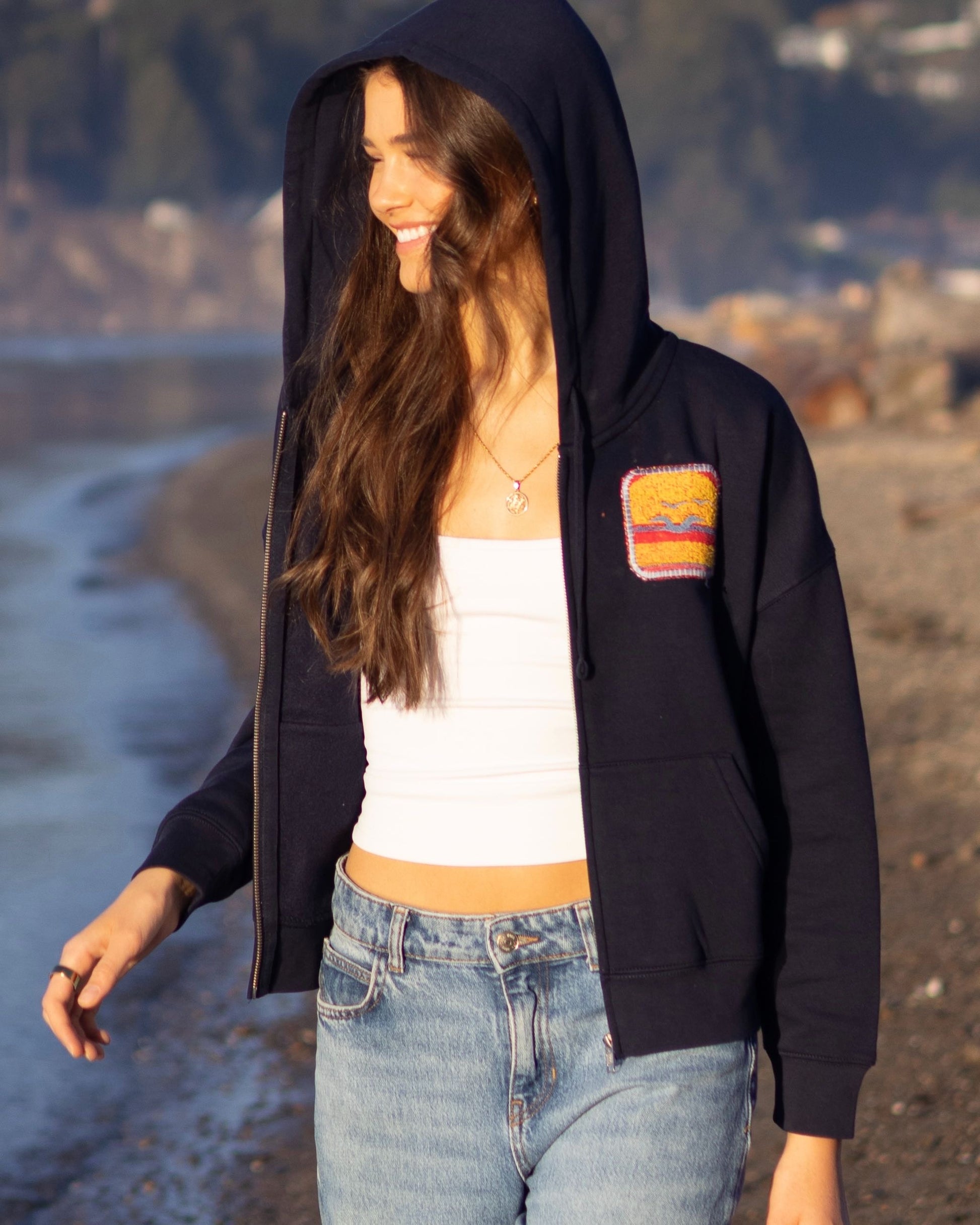 Small Navy Making a Scene Zip Up Hoodie 9 — one-of-a-kind upcycled vintage beach towel piece, handmade by Kspek, view 2