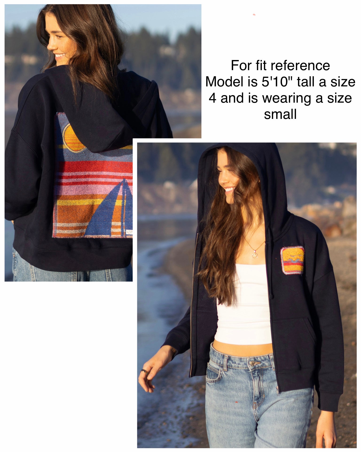 Small Navy Making a Scene Zip Up Hoodie 9 — one-of-a-kind upcycled vintage beach towel piece, handmade by Kspek, view 6