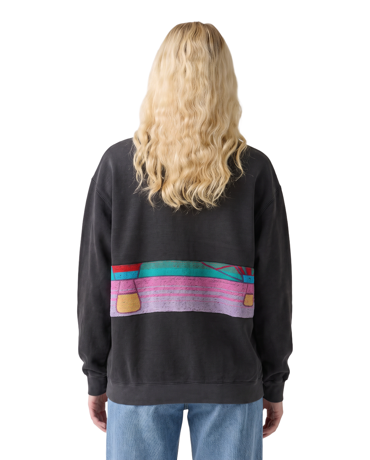 Medium Pepper Sunset Chaser "Neon Tranquil Bay" — one-of-a-kind upcycled vintage beach towel sweatshirt, handmade by Kspek, view 3