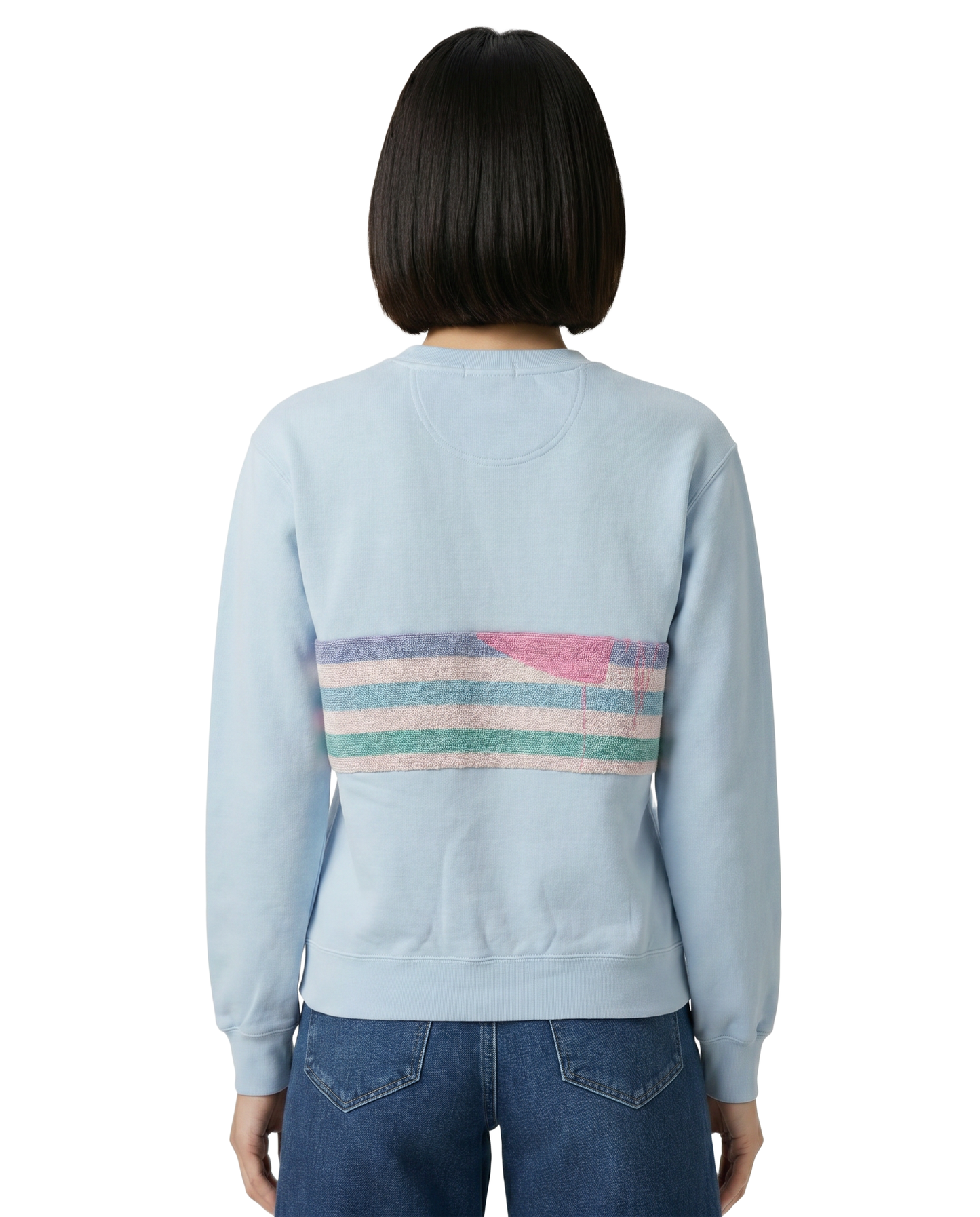 Small Aqua Sunset Chaser "Sunset Serenity" — one-of-a-kind upcycled vintage beach towel sweatshirt, handmade by Kspek, view 2
