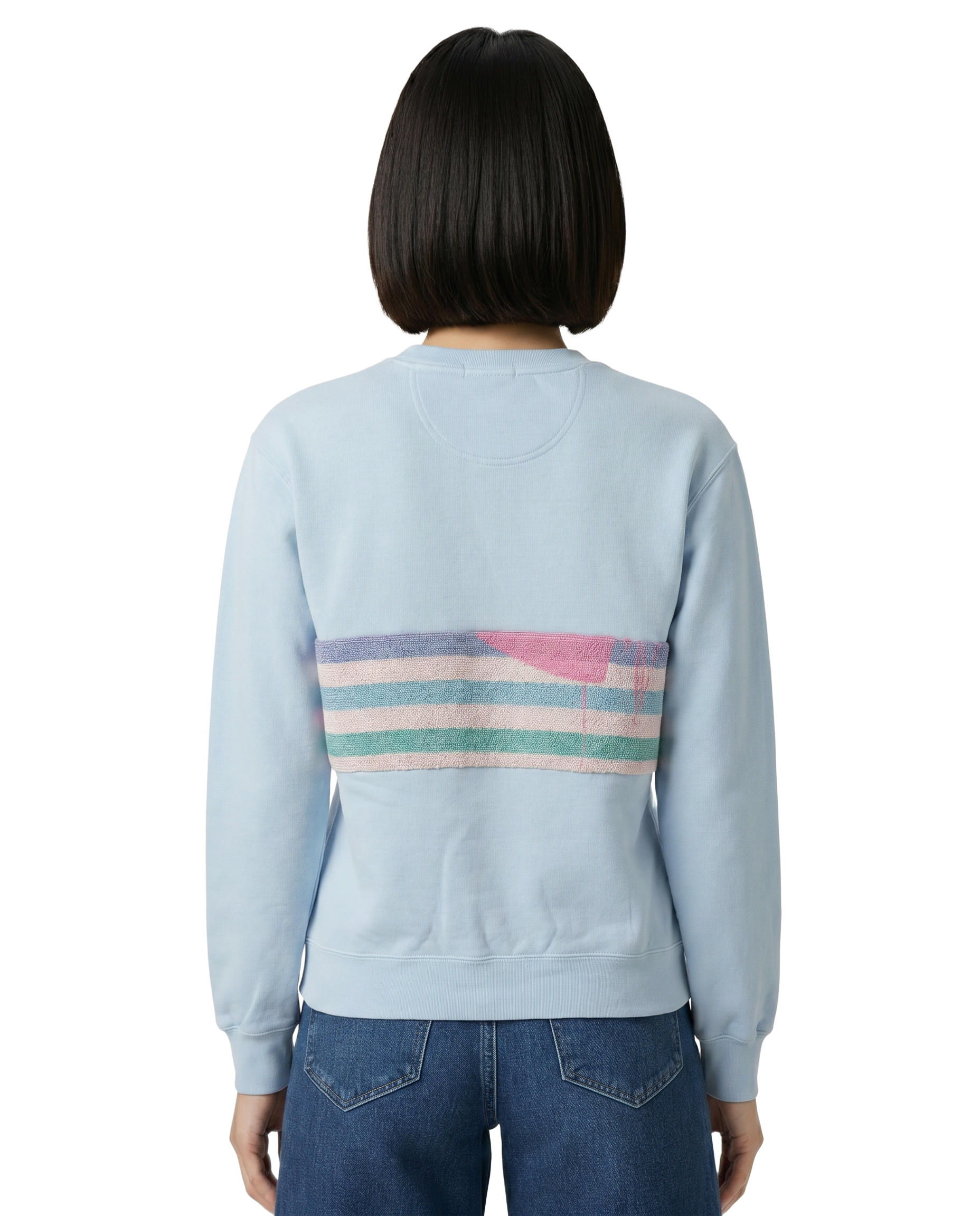 Small Aqua Sunset Chaser "Sunset Serenity" — one-of-a-kind upcycled vintage beach towel sweatshirt, handmade by Kspek, view 2