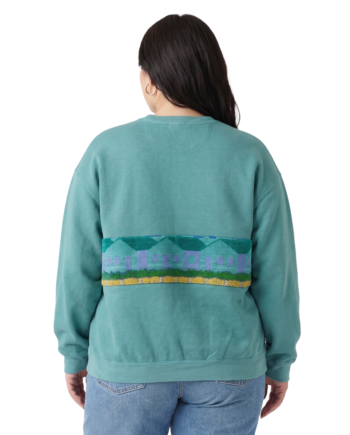 X-Large Light Jade Sunset Chaser "Village Sundown" — one-of-a-kind upcycled vintage beach towel sweatshirt, handmade by Kspek, view 3