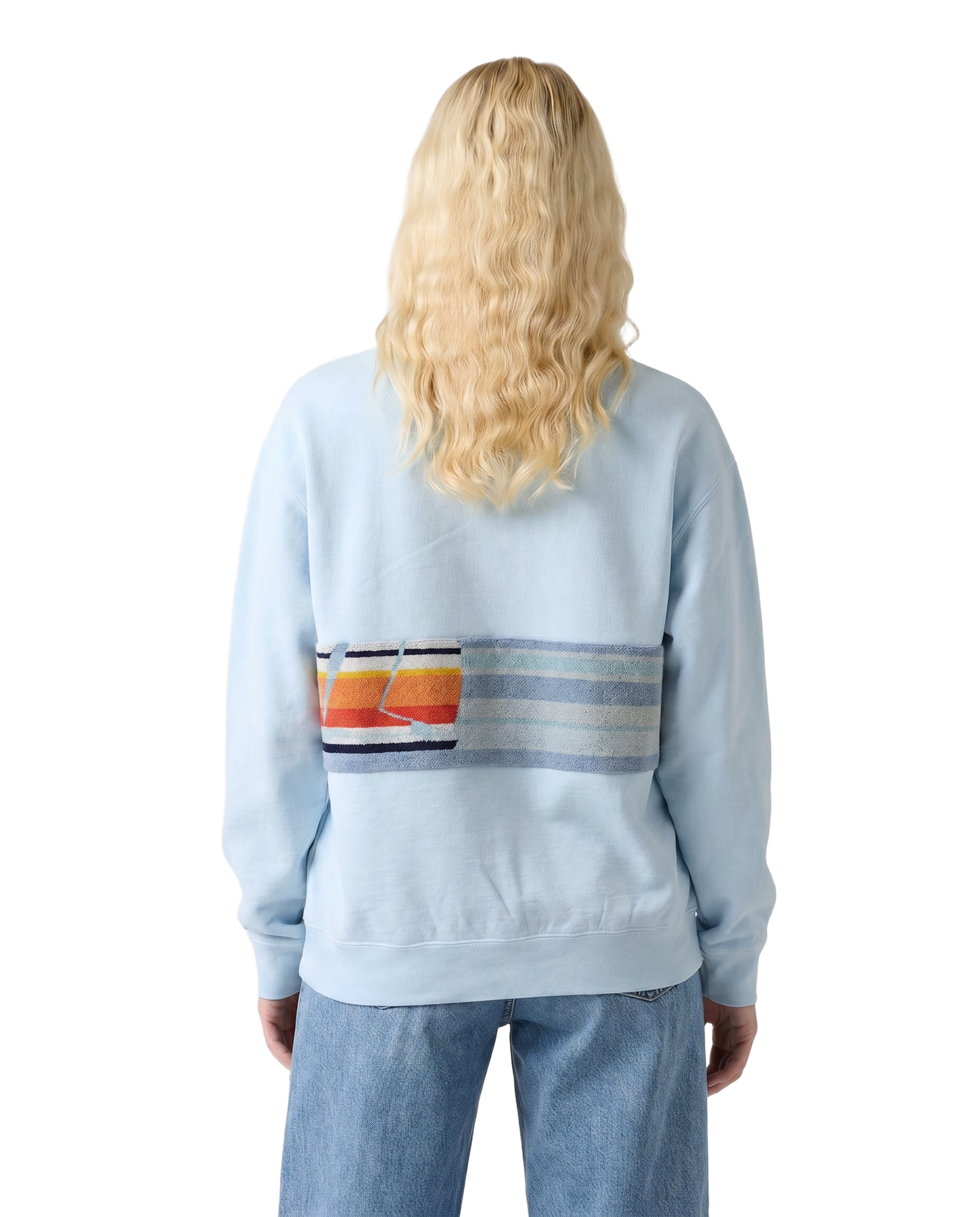 Medium Aqua Sunset Chaser "Retro Coastline" — one-of-a-kind upcycled vintage beach towel sweatshirt, handmade by Kspek, view 2