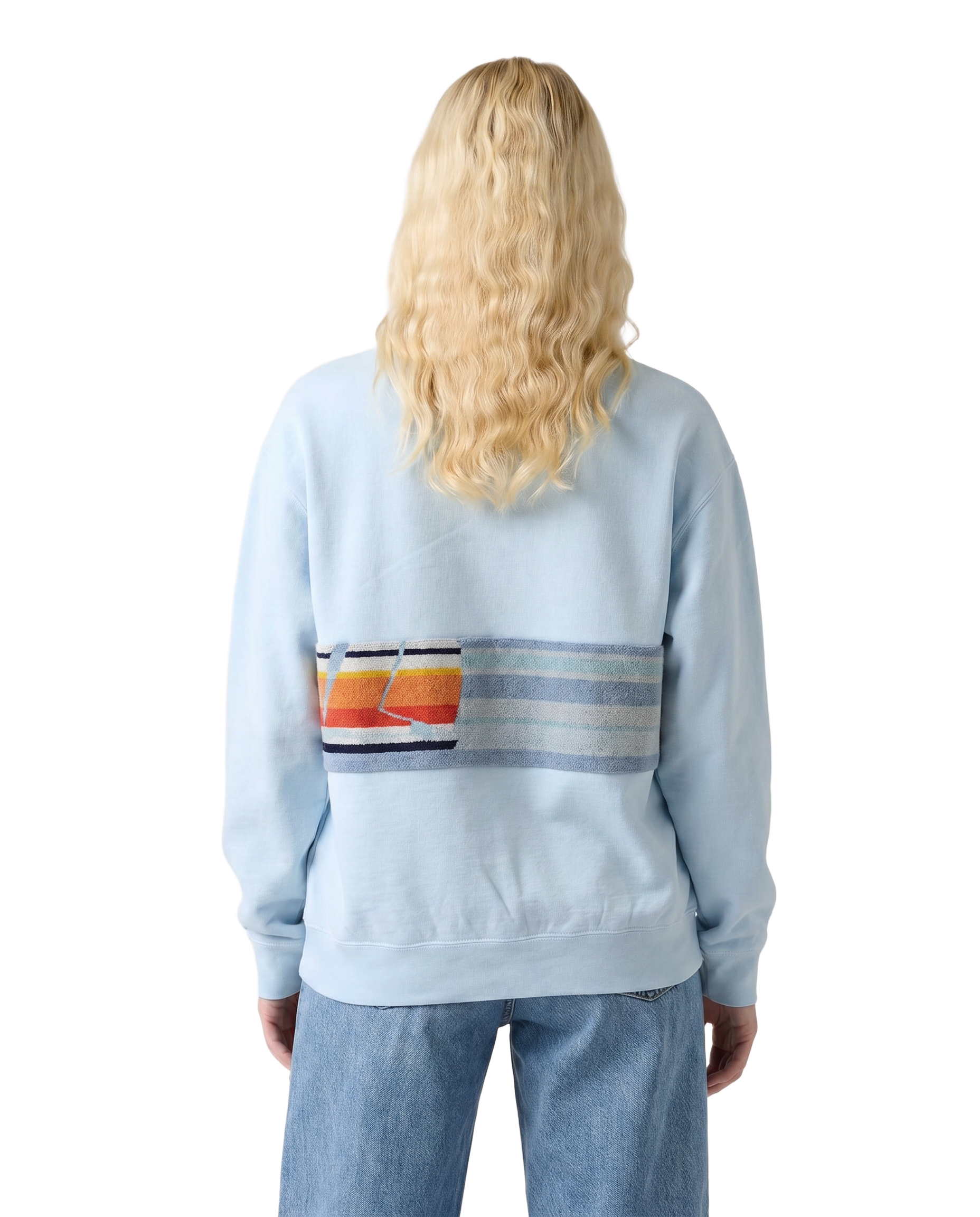 Medium Aqua Sunset Chaser "Retro Coastline" — one-of-a-kind upcycled vintage beach towel sweatshirt, handmade by Kspek, view 2