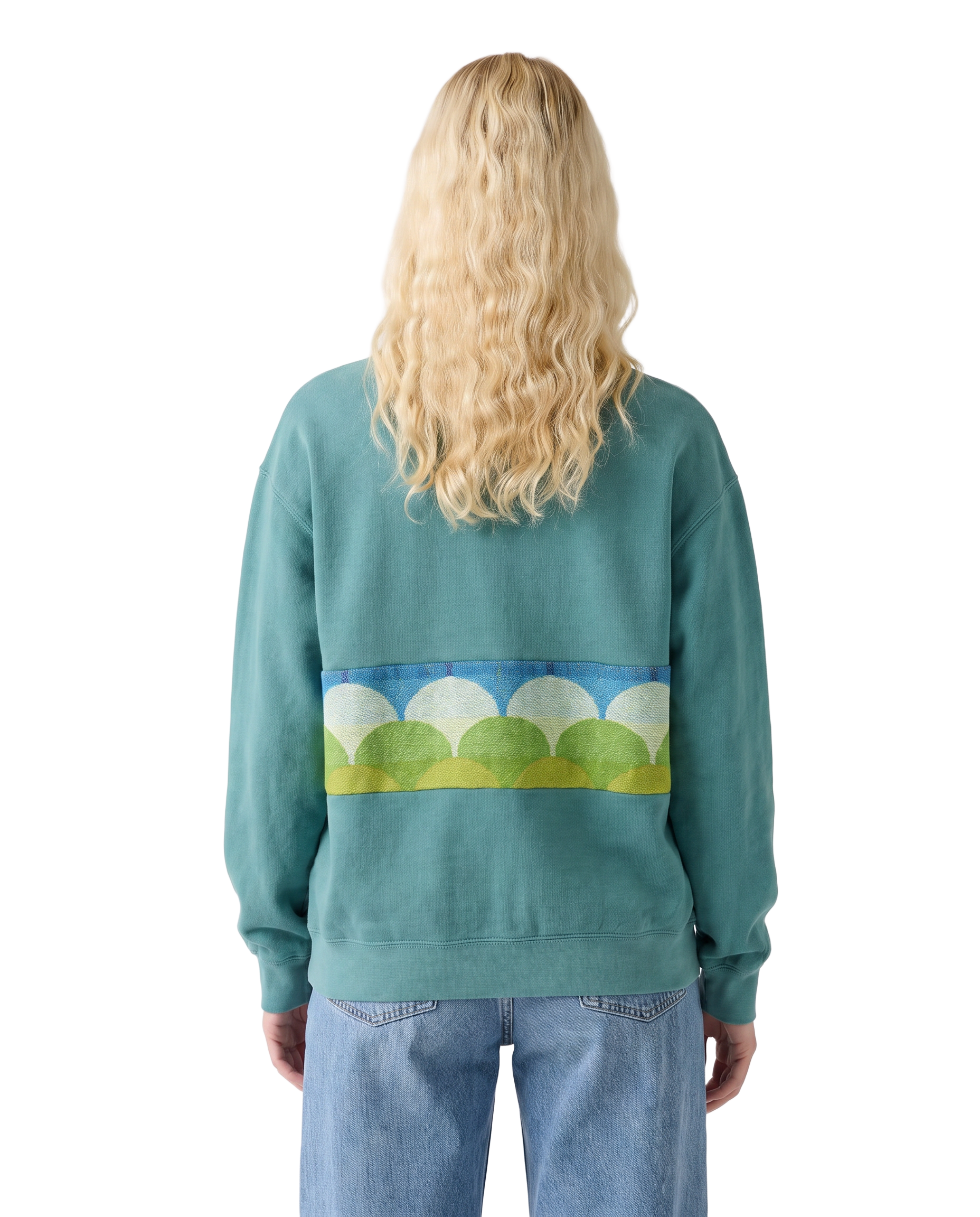 Medium Light Jade Sunset Chaser "Scalloped Waves" — one-of-a-kind upcycled vintage beach towel sweatshirt, handmade by Kspek, view 2