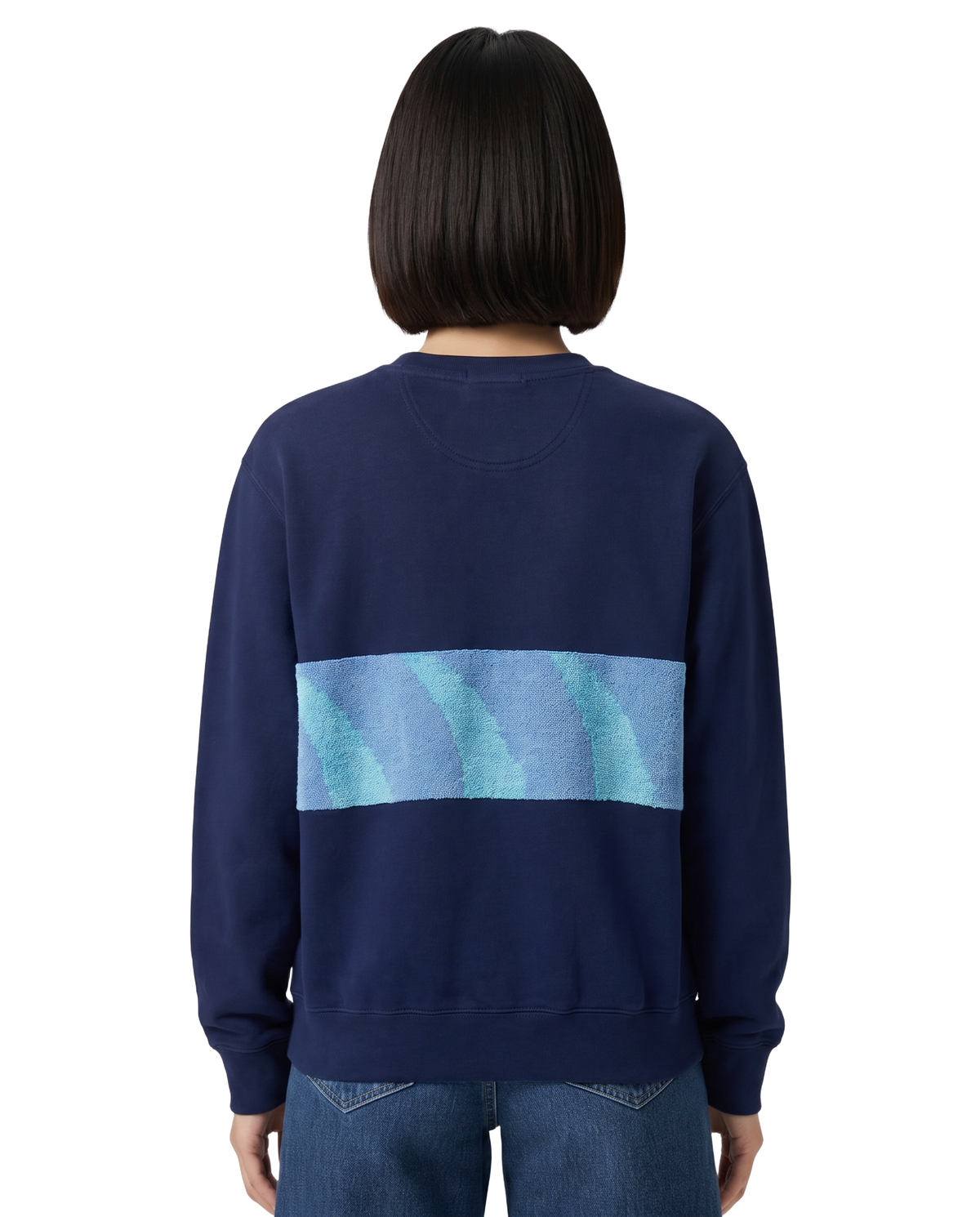 Small Navy Sunset Chaser "Radiant Ocean Rise" — one-of-a-kind upcycled vintage beach towel sweatshirt, handmade by Kspek, view 3