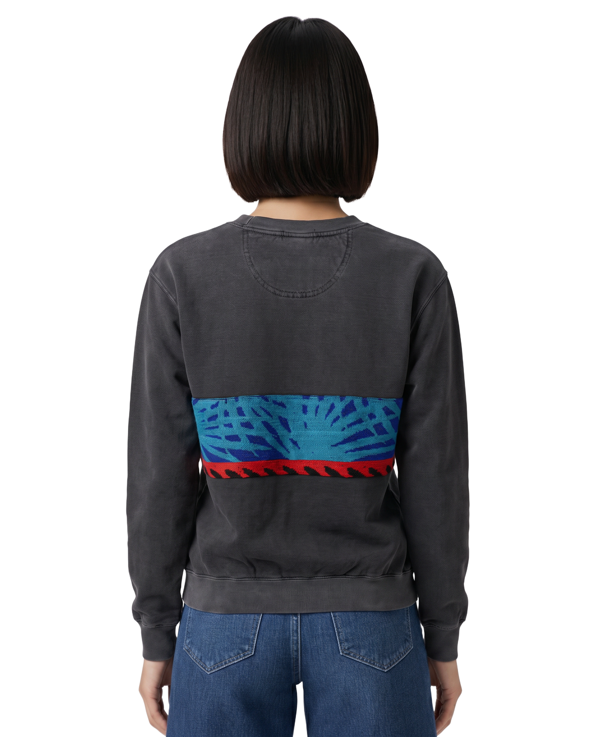 Small Pepper Sunset Chaser "Teal Palmetto Horizon" — one-of-a-kind upcycled vintage beach towel sweatshirt, handmade by Kspek, view 3