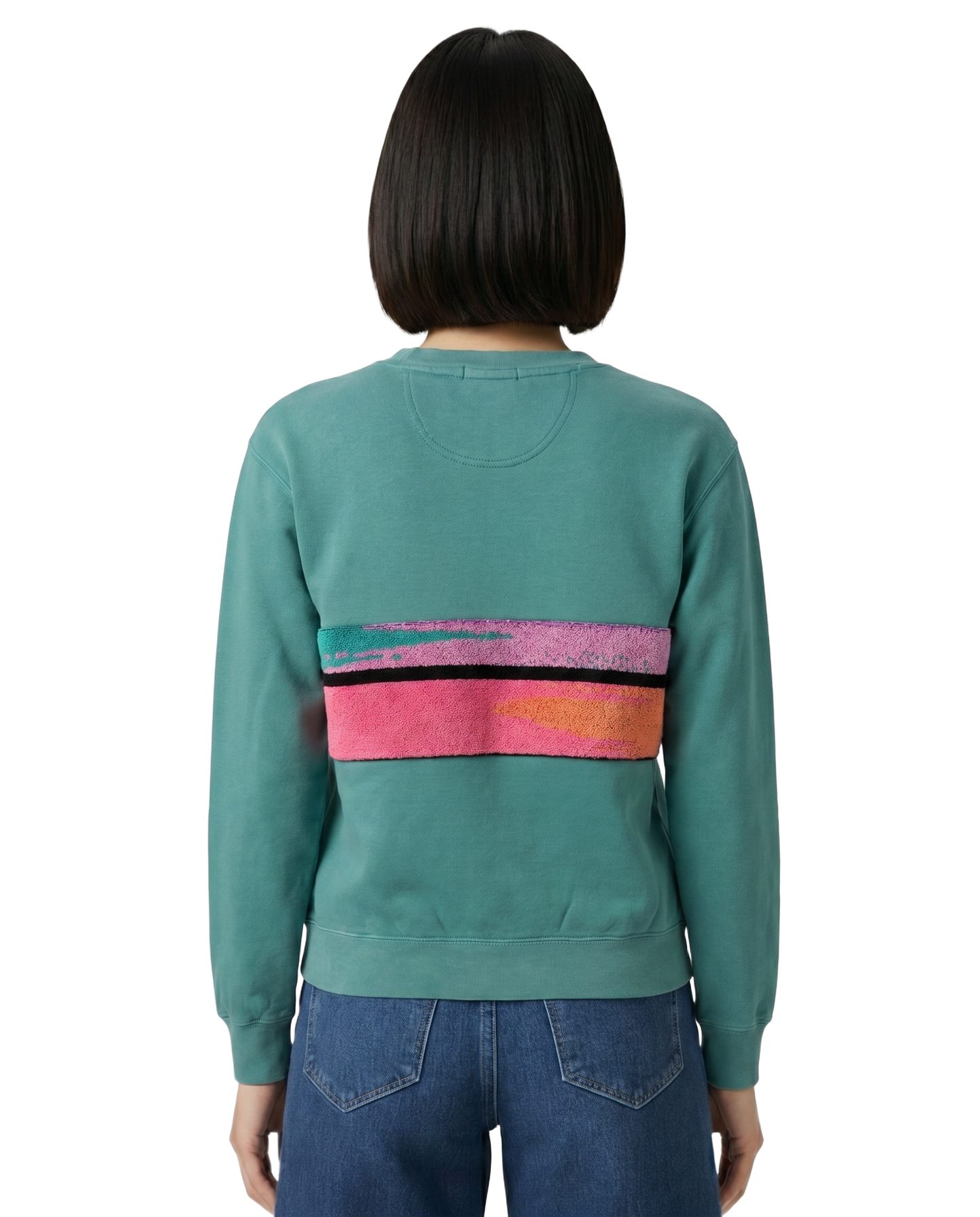Small Light Jade Sunset Chaser "Waves & Whimsy" — one-of-a-kind upcycled vintage beach towel sweatshirt, handmade by Kspek, view 2