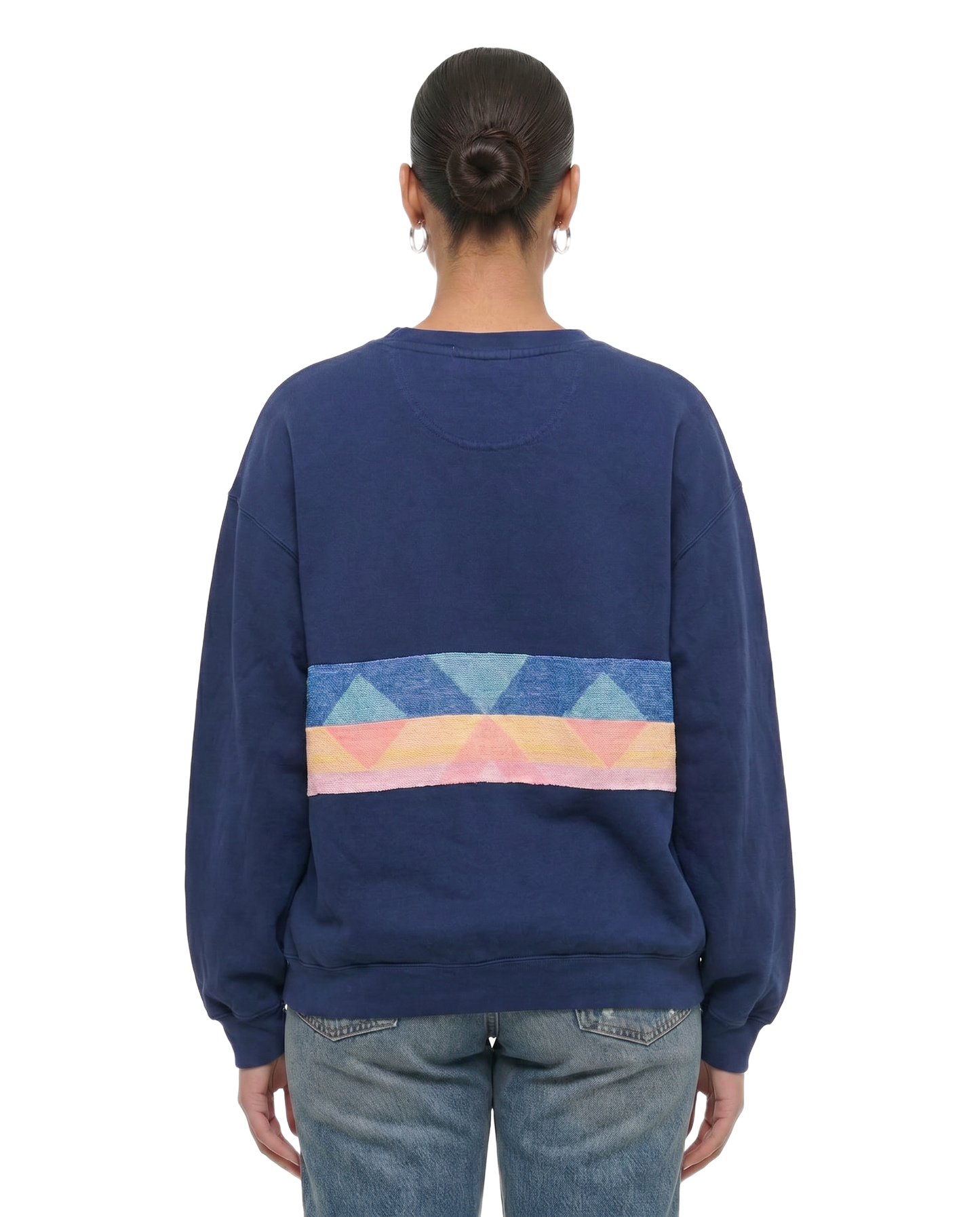 Large Navy Sunset Chaser "Horizon Bliss" — one-of-a-kind upcycled vintage beach towel sweatshirt, handmade by Kspek, view 2