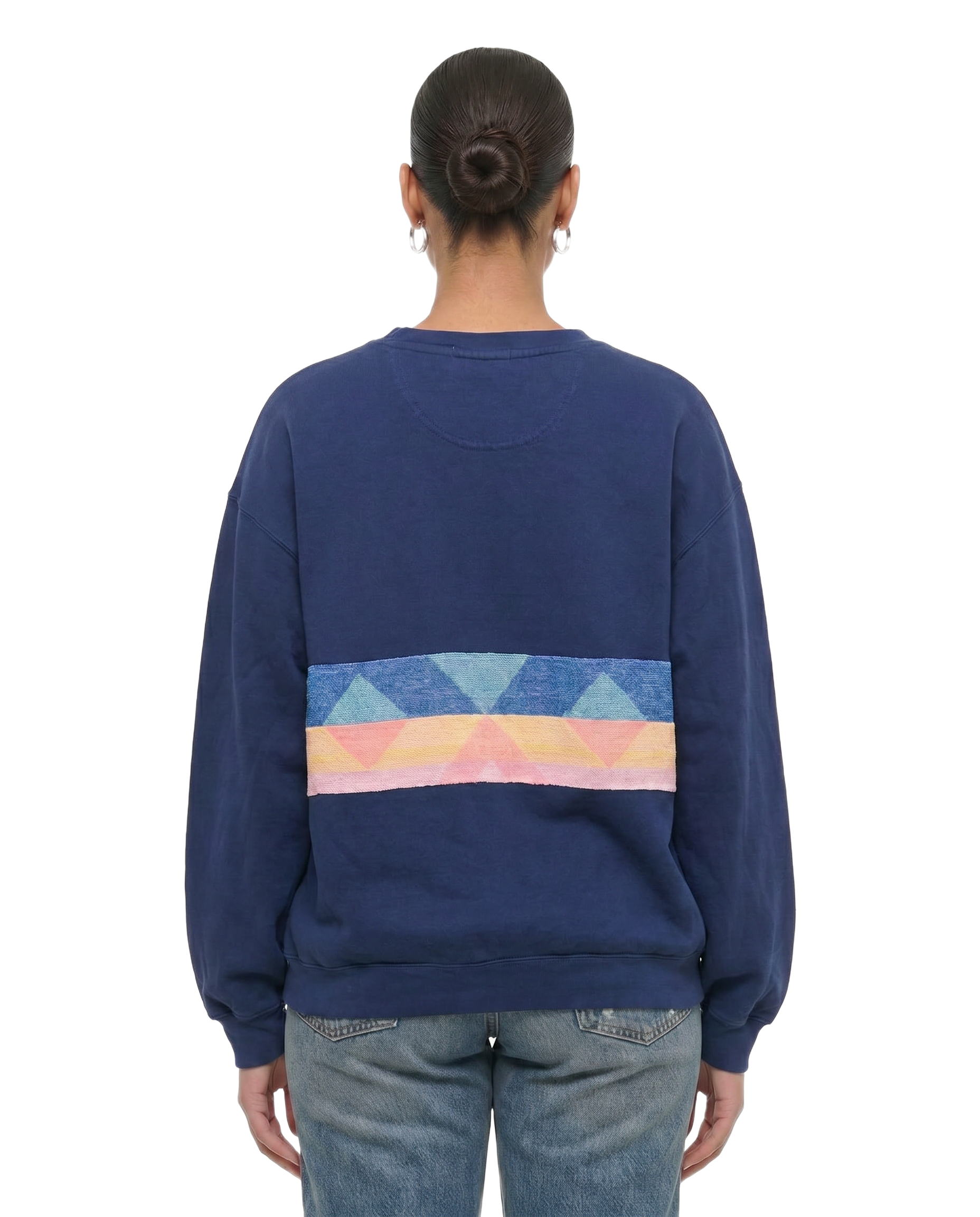 Large Navy Sunset Chaser "Horizon Bliss" — one-of-a-kind upcycled vintage beach towel sweatshirt, handmade by Kspek, view 2