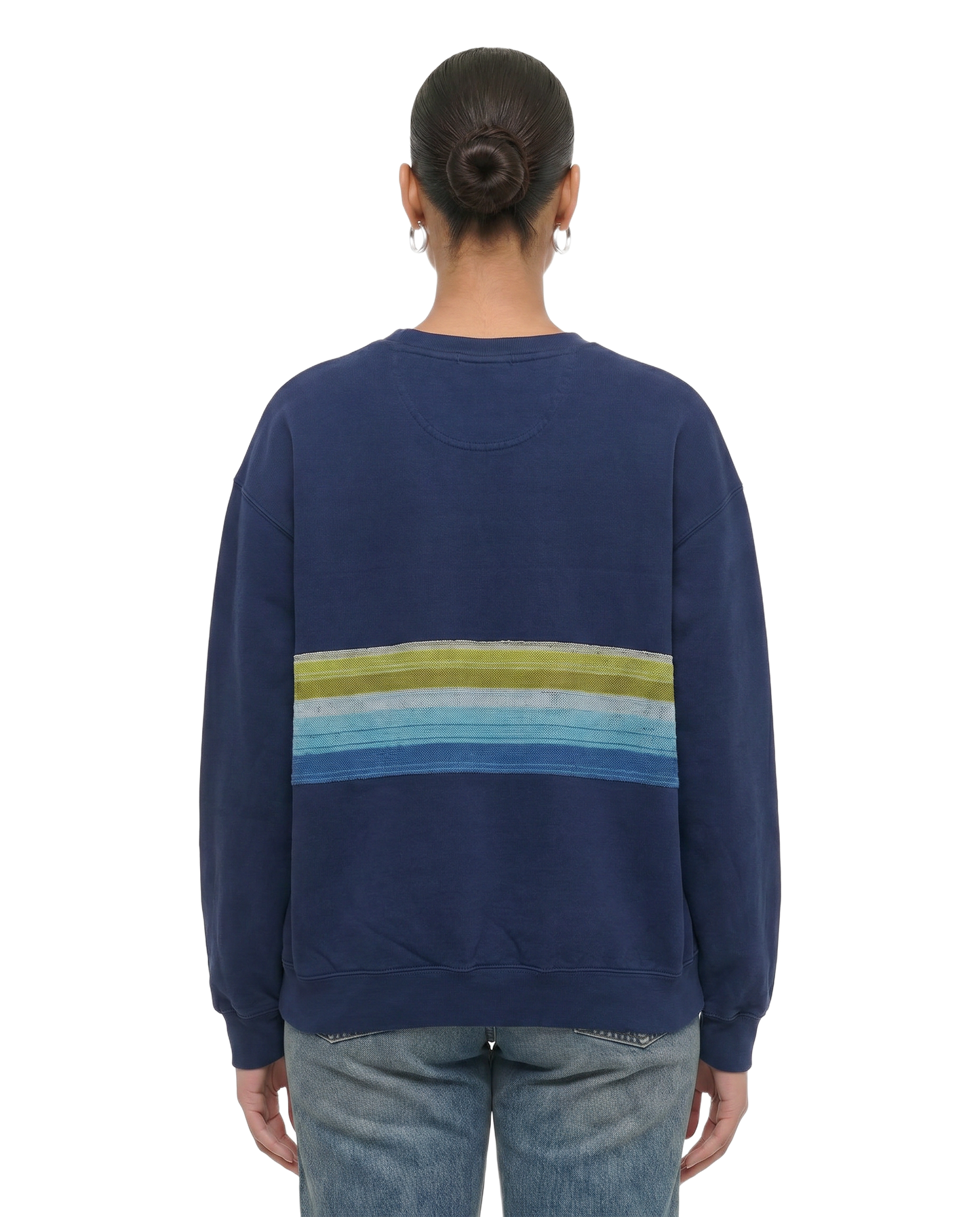 Large Navy Sunset Chaser "Retro Horizon" — one-of-a-kind upcycled vintage beach towel sweatshirt, handmade by Kspek, view 2