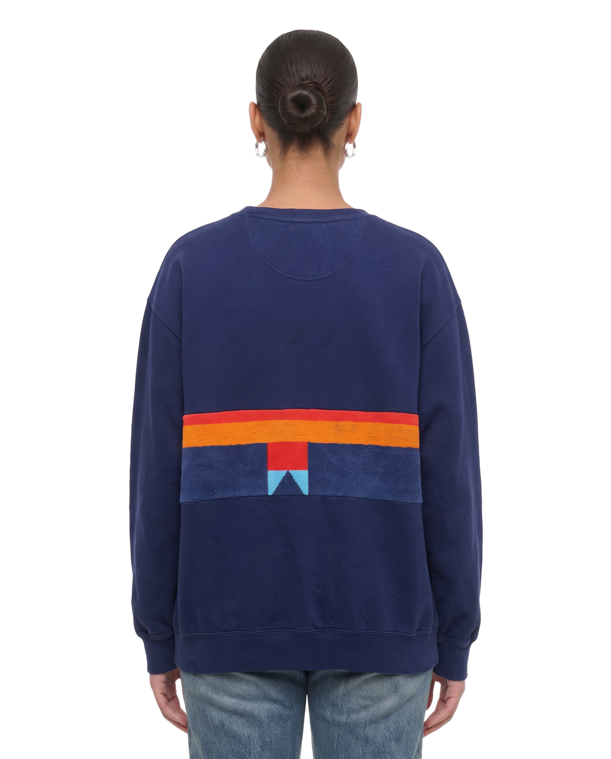 Large Navy Sunset Chaser "Geometric Sunrise" — one-of-a-kind upcycled vintage beach towel sweatshirt, handmade by Kspek, view 3