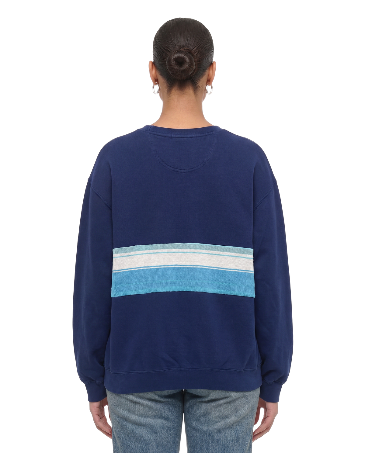Large Navy Sunset Chaser "Striped Ocean Crest" — one-of-a-kind upcycled vintage beach towel sweatshirt, handmade by Kspek, view 3