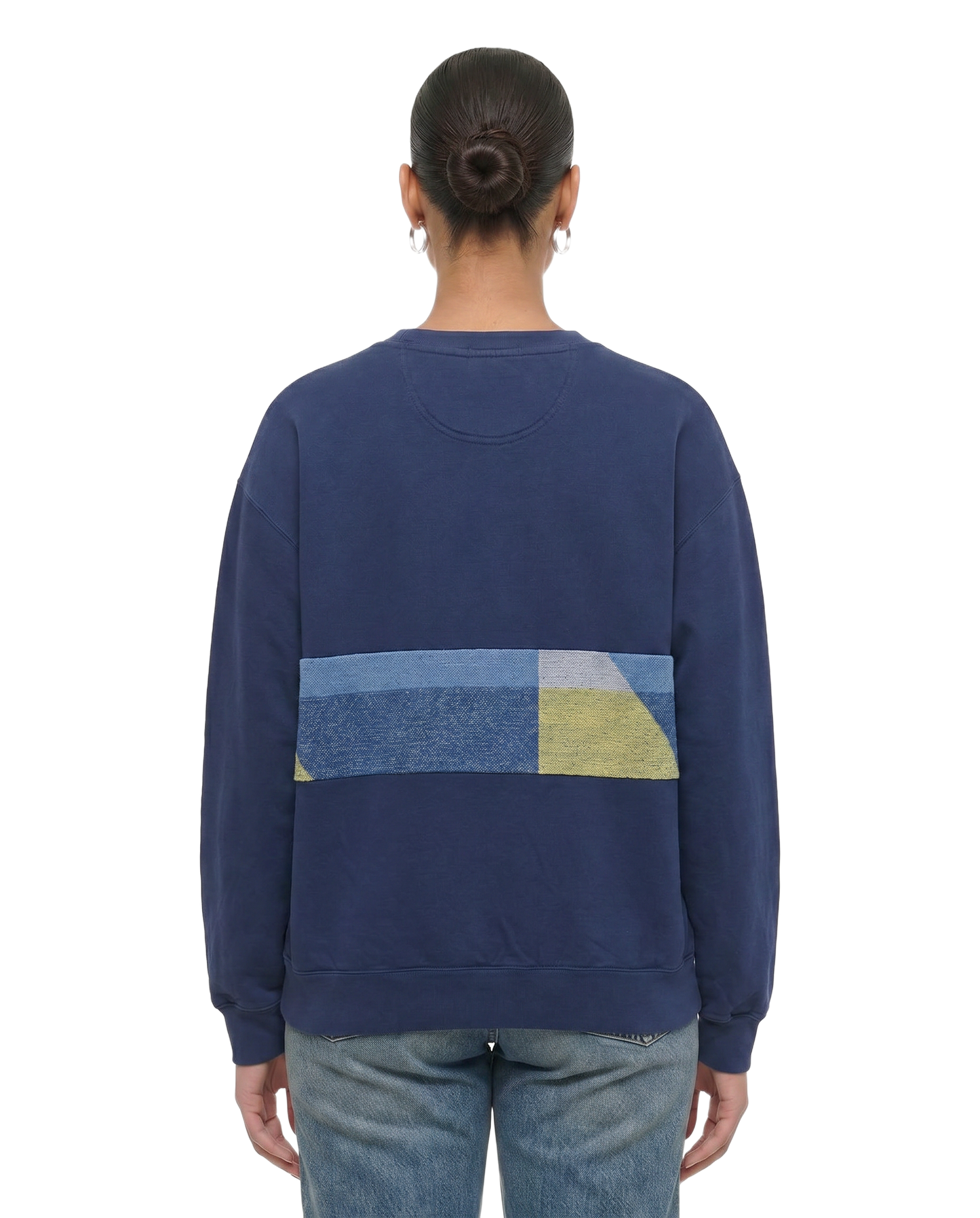 Large Navy Sunset Chaser "Coastal Colors" — one-of-a-kind upcycled vintage beach towel sweatshirt, handmade by Kspek, view 2