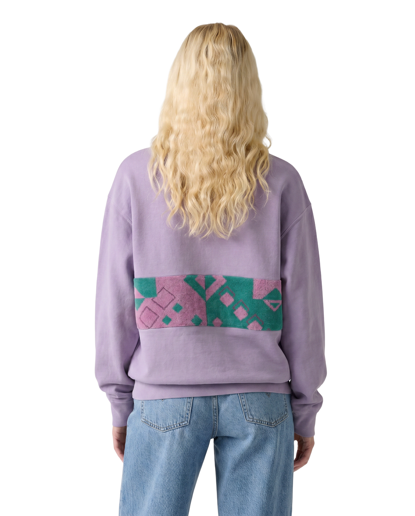 Medium Lavender Sunset Chaser "Retro Tidescape" — one-of-a-kind upcycled vintage beach towel sweatshirt, handmade by Kspek, view 2