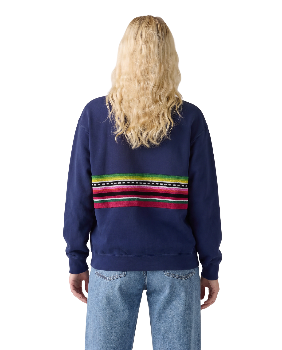 Medium Navy Sunset Chaser "Rainbow Horizon" — one-of-a-kind upcycled vintage beach towel sweatshirt, handmade by Kspek, view 3