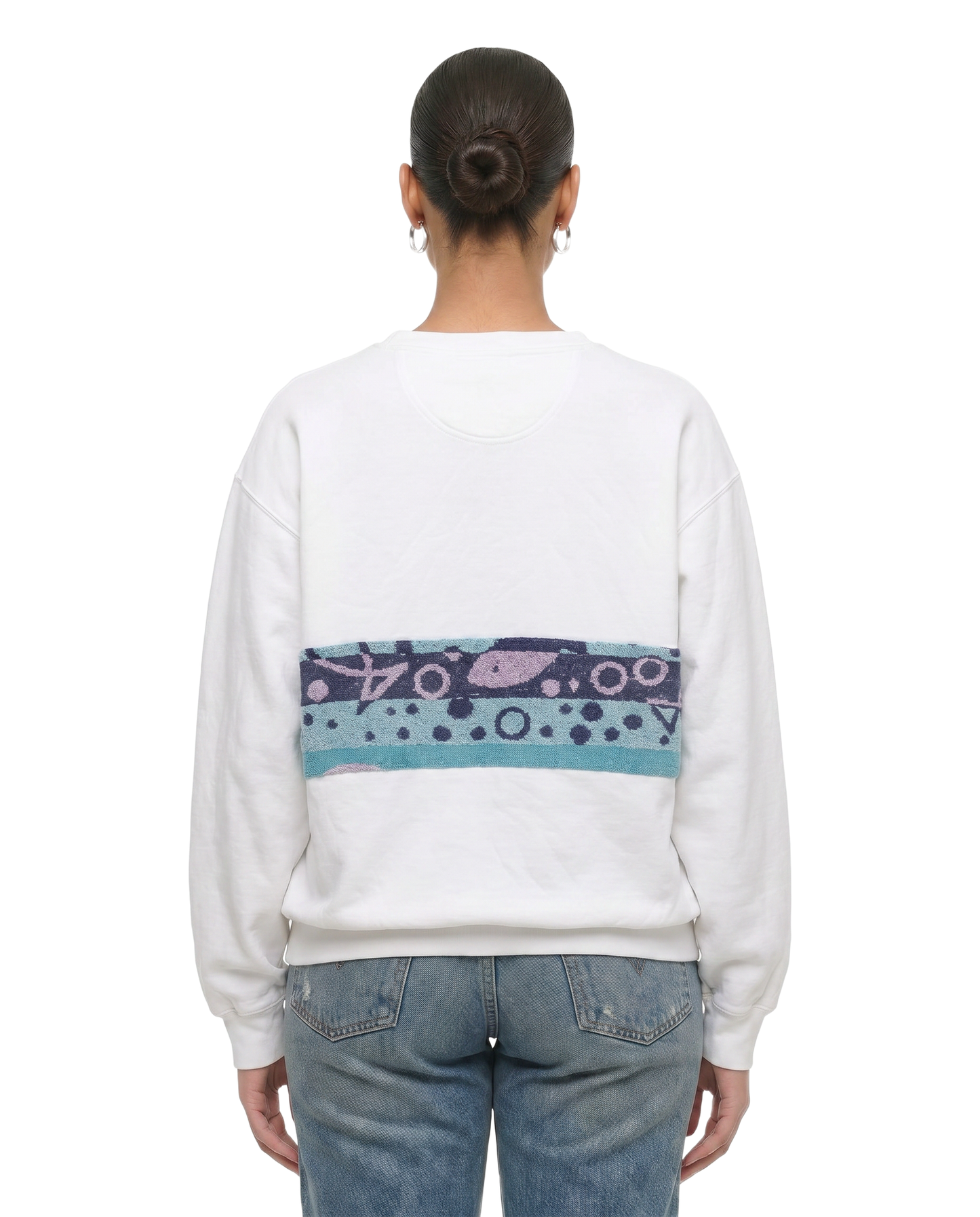 Large White Sunset Chaser "Retro Wavefront" — one-of-a-kind upcycled vintage beach towel sweatshirt, handmade by Kspek, view 2