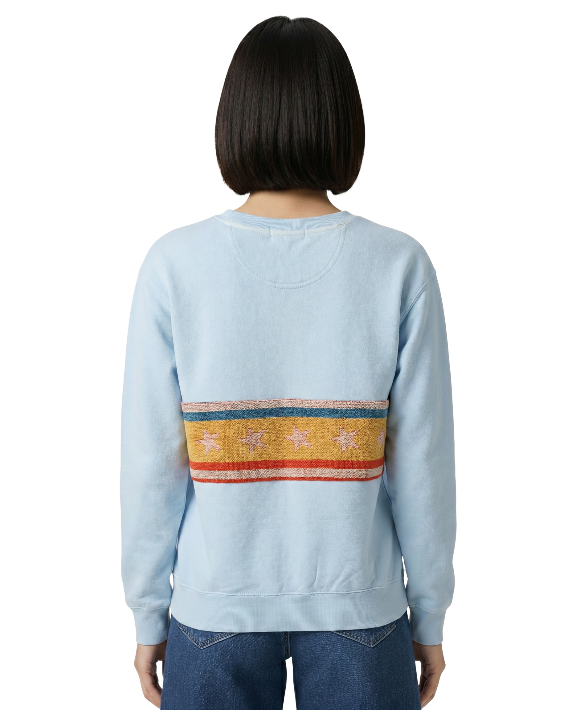 Small Aqua Sunset Chaser "Crescent Coastline" — one-of-a-kind upcycled vintage beach towel sweatshirt, handmade by Kspek, view 2