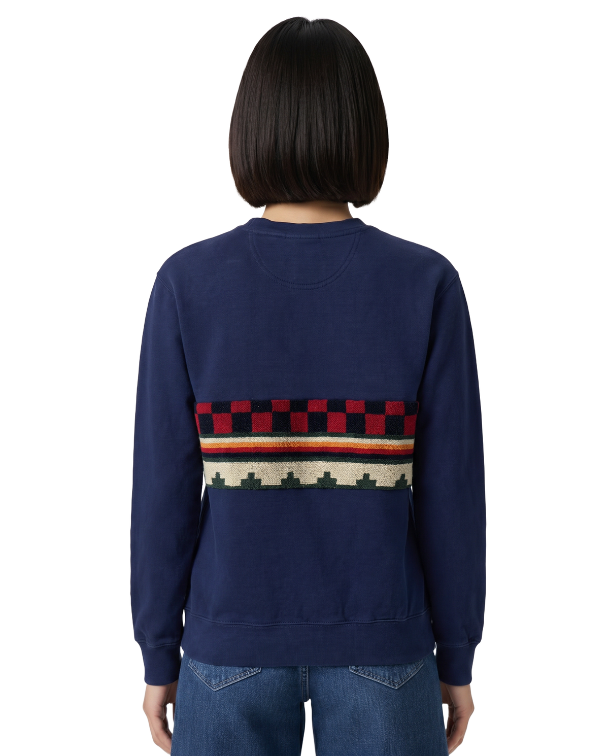 Small Navy Sunset Chaser "Sunset Checkers" — one-of-a-kind upcycled vintage beach towel sweatshirt, handmade by Kspek, view 3