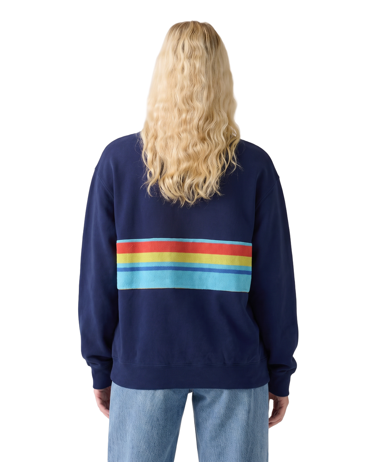 Medium Navy Sunset Chaser "Striped Solar Arc" — one-of-a-kind upcycled vintage beach towel sweatshirt, handmade by Kspek, view 3