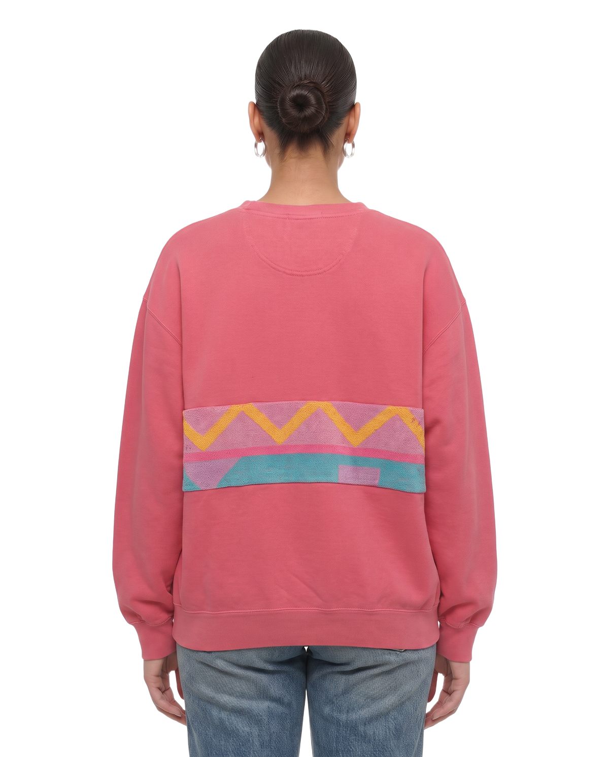 Large Watermelon Sunset Chaser "Zigzag Solar Arc" — one-of-a-kind upcycled vintage beach towel sweatshirt, handmade by Kspek, view 3