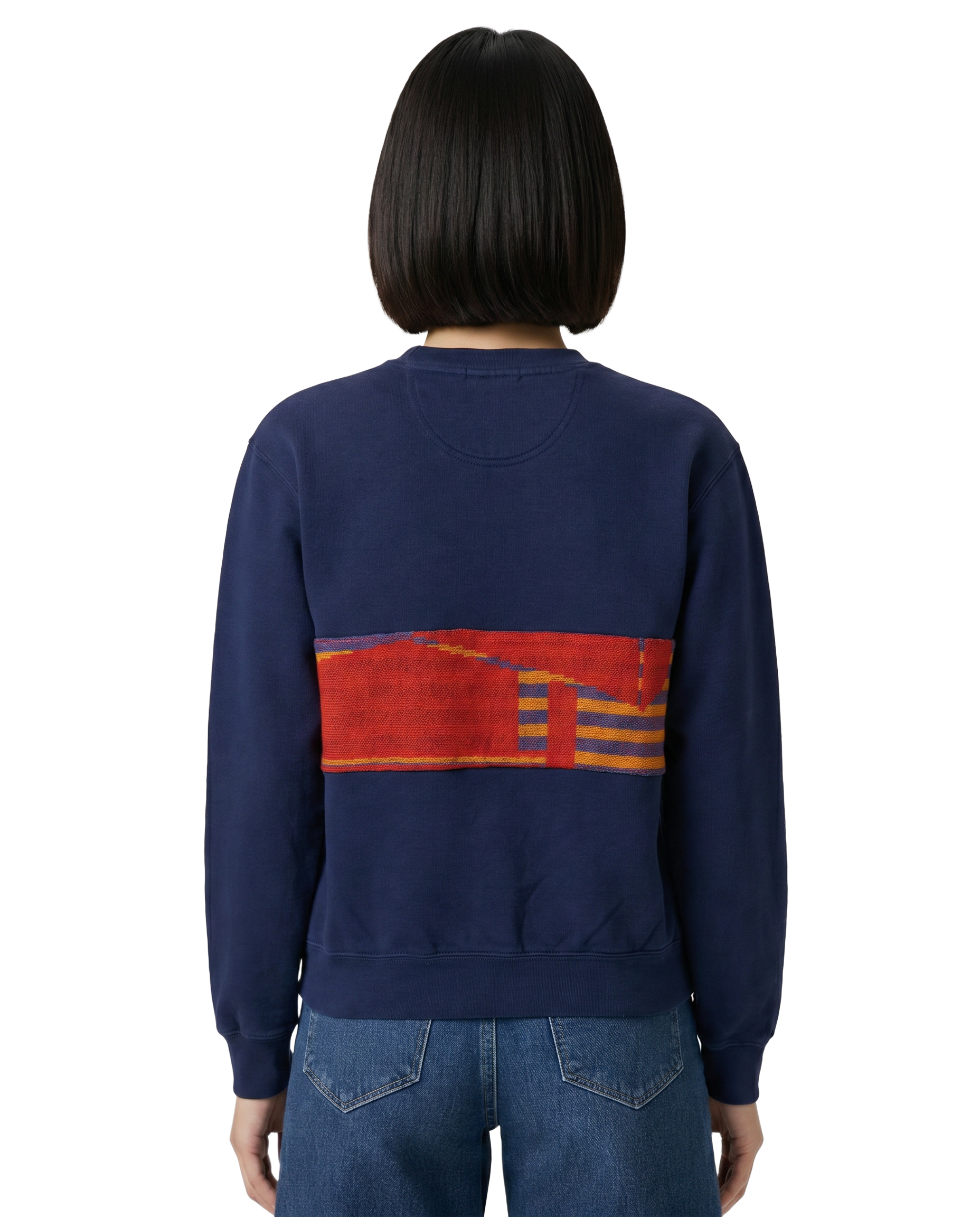Small Navy Sunset Chaser "Sunrise Vibes" — one-of-a-kind upcycled vintage beach towel sweatshirt, handmade by Kspek, view 2
