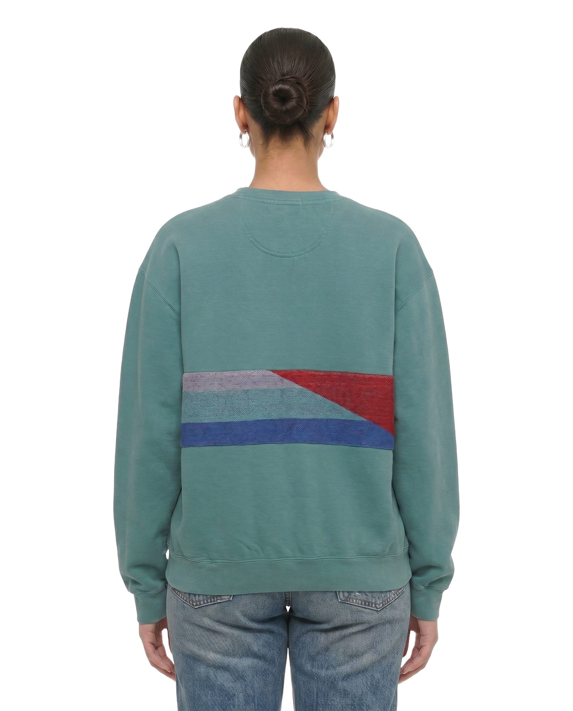 Large Light Jade Sunset Chaser "Retro Radiance" — one-of-a-kind upcycled vintage beach towel sweatshirt, handmade by Kspek, view 2