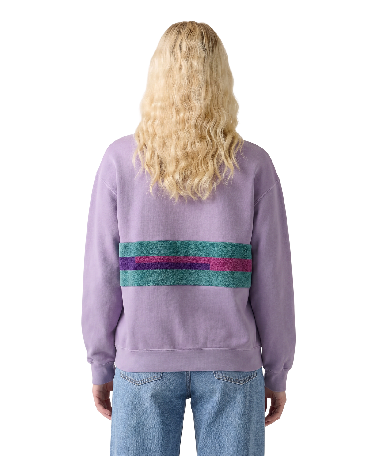 Medium Lavender Sunset Chaser "Crimson Horizon Bands" — one-of-a-kind upcycled vintage beach towel sweatshirt, handmade by Kspek, view 3
