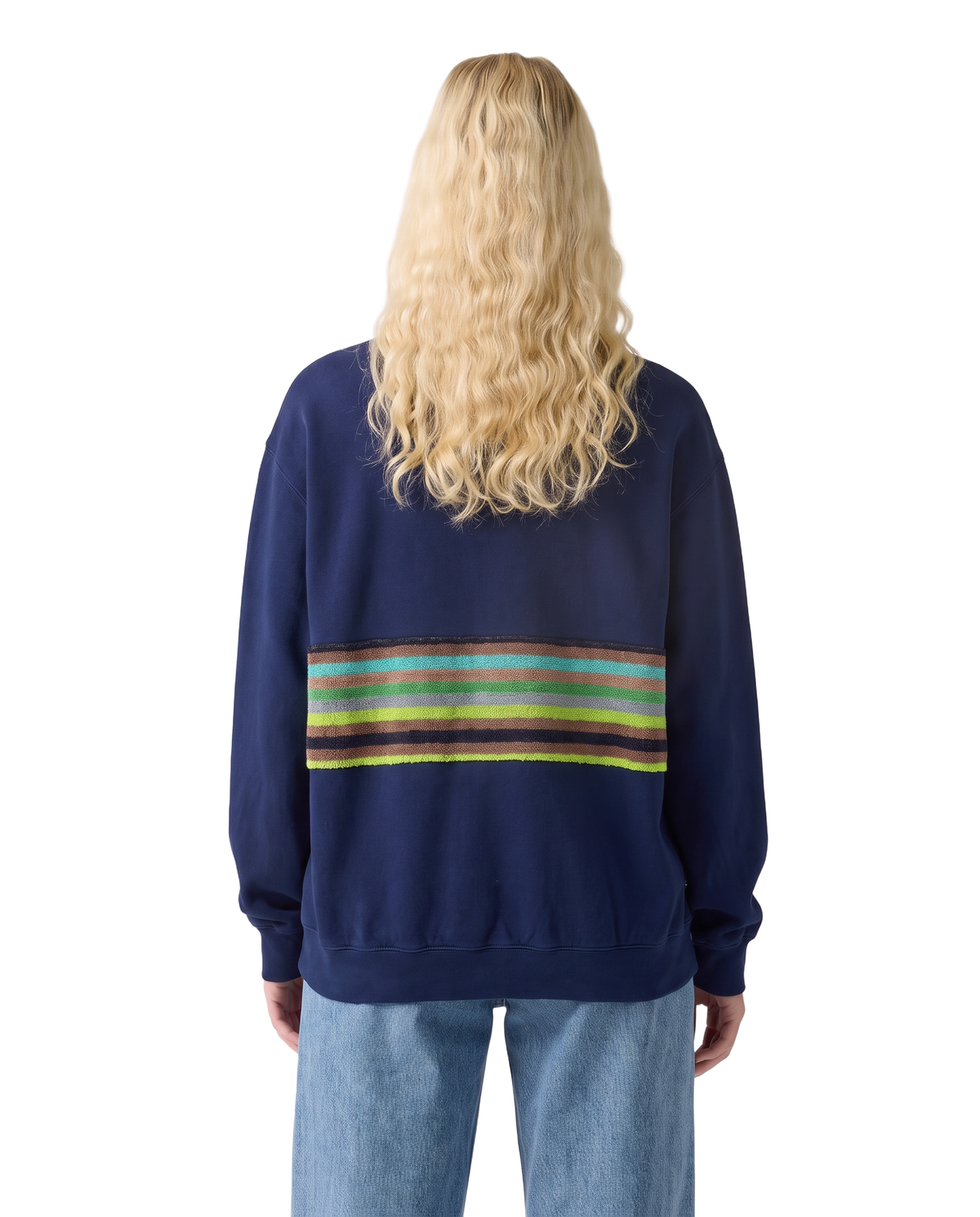 Medium Navy Sunset Chaser "Striped Sun Arc" — one-of-a-kind upcycled vintage beach towel sweatshirt, handmade by Kspek, view 3