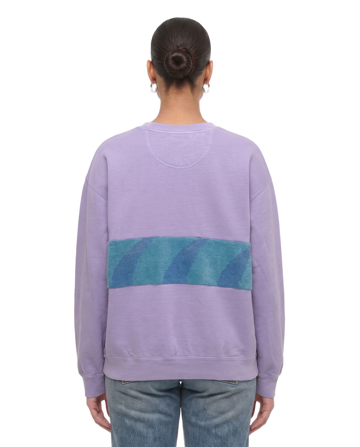 Large Lavender Sunset Chaser "Red Sun Surf" — one-of-a-kind upcycled vintage beach towel sweatshirt, handmade by Kspek, view 3